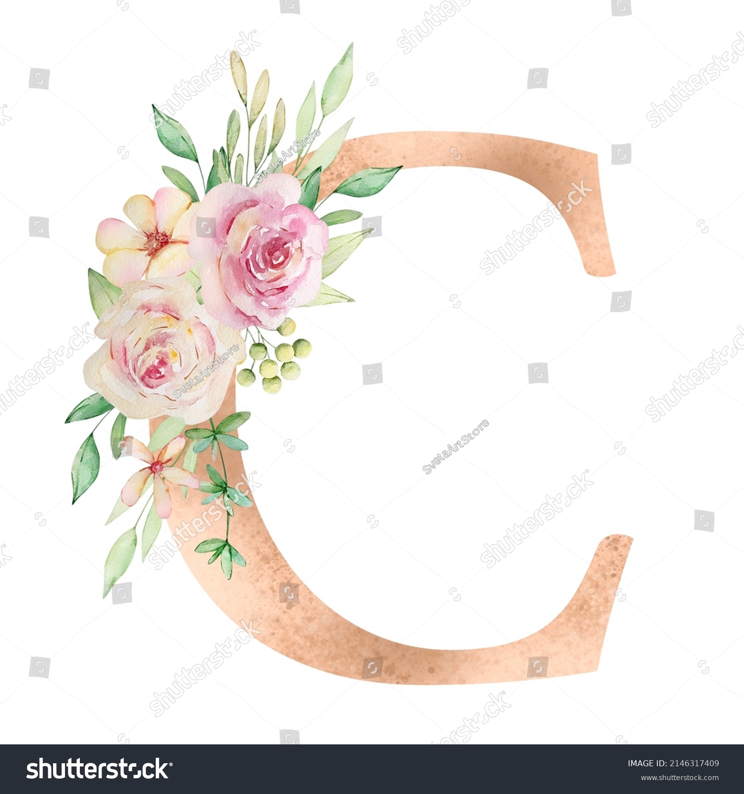 Floral Alphabet Letter C Watercolor Flowers Stock Illustration ...