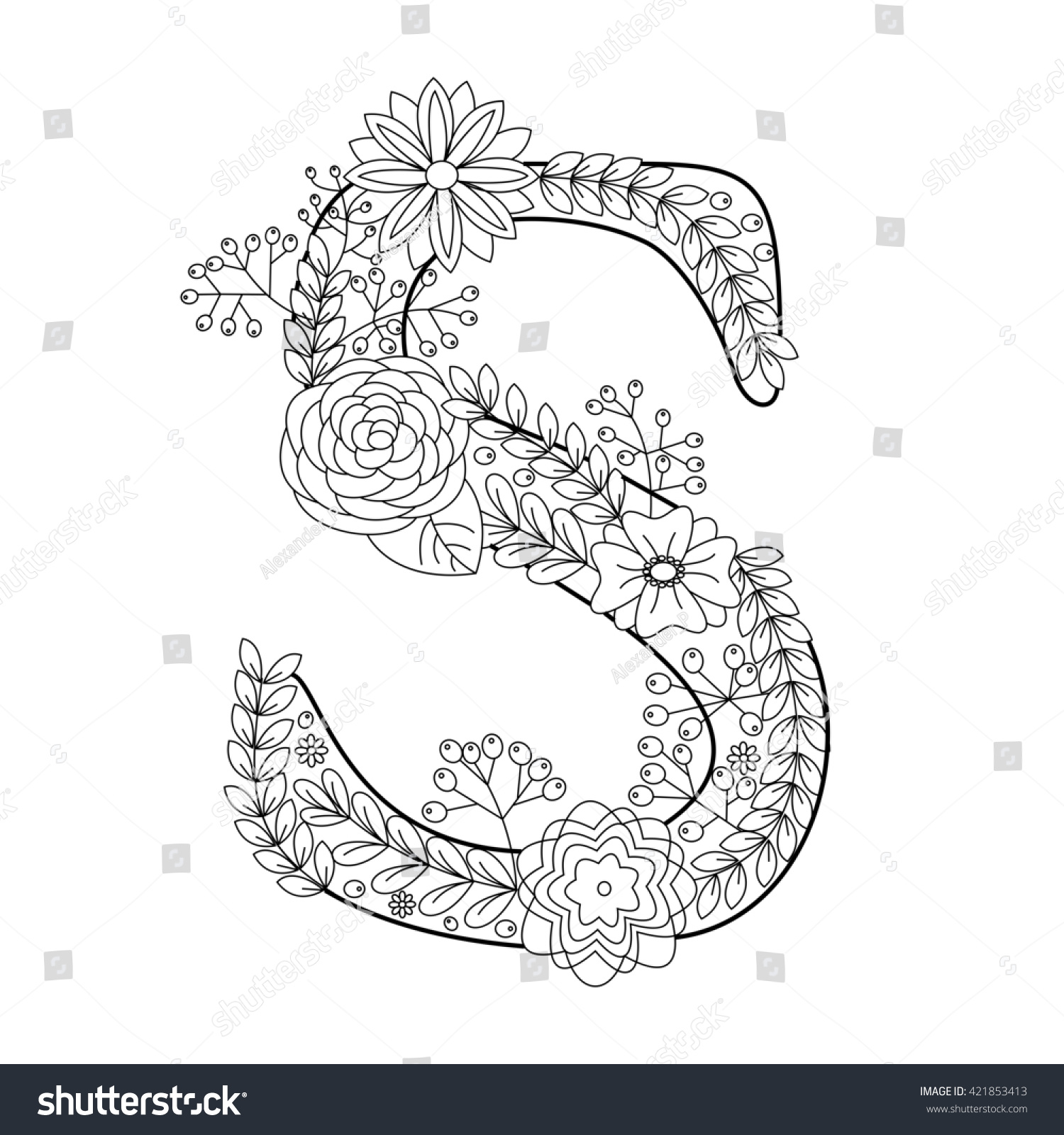 Floral Alphabet Letter Coloring Book For Adults Raster Illustration.  421853413 : Shutterstock