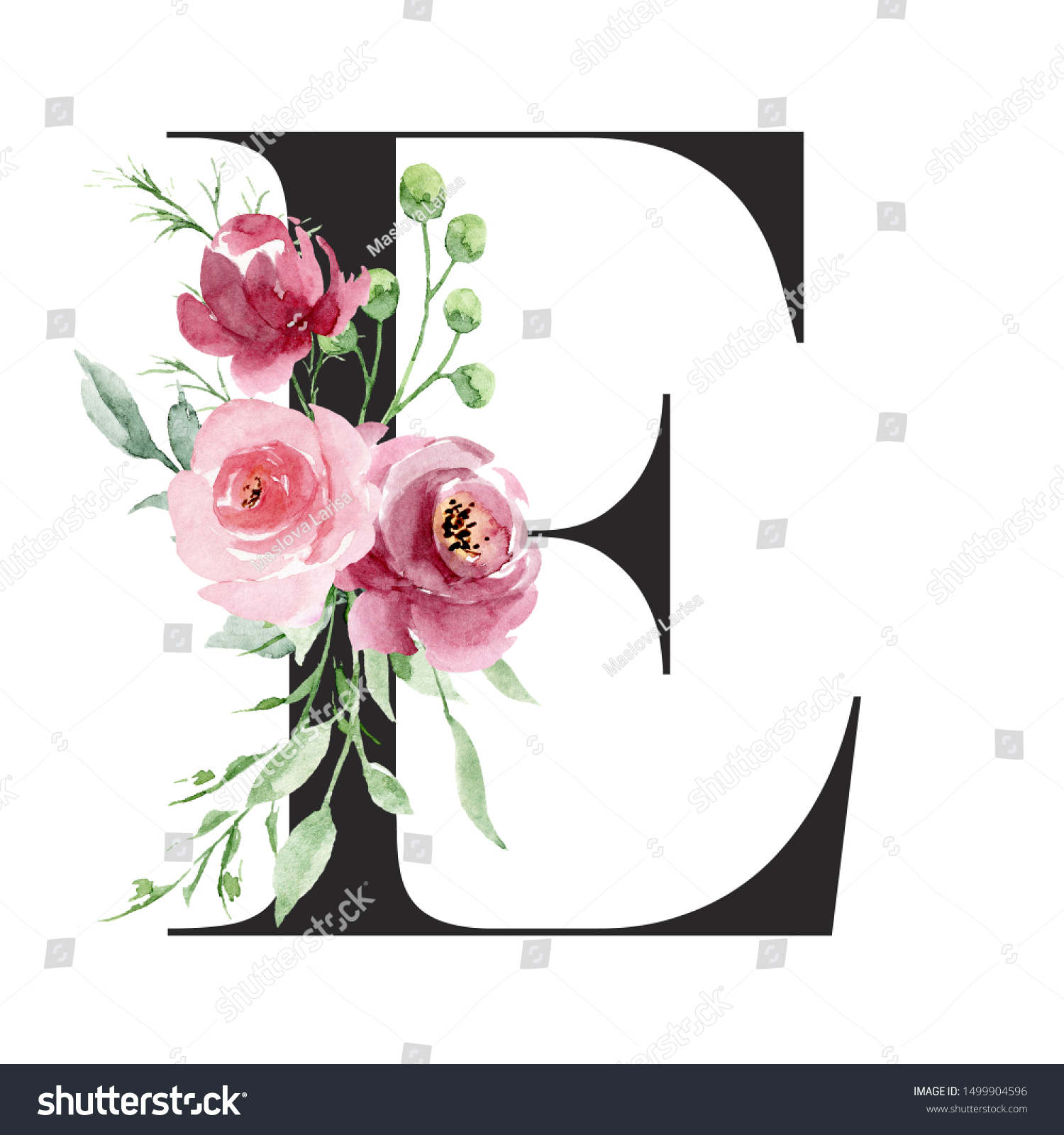 Floral Alphabet Letter E Watercolor Flowers Stock Illustration 1499904596