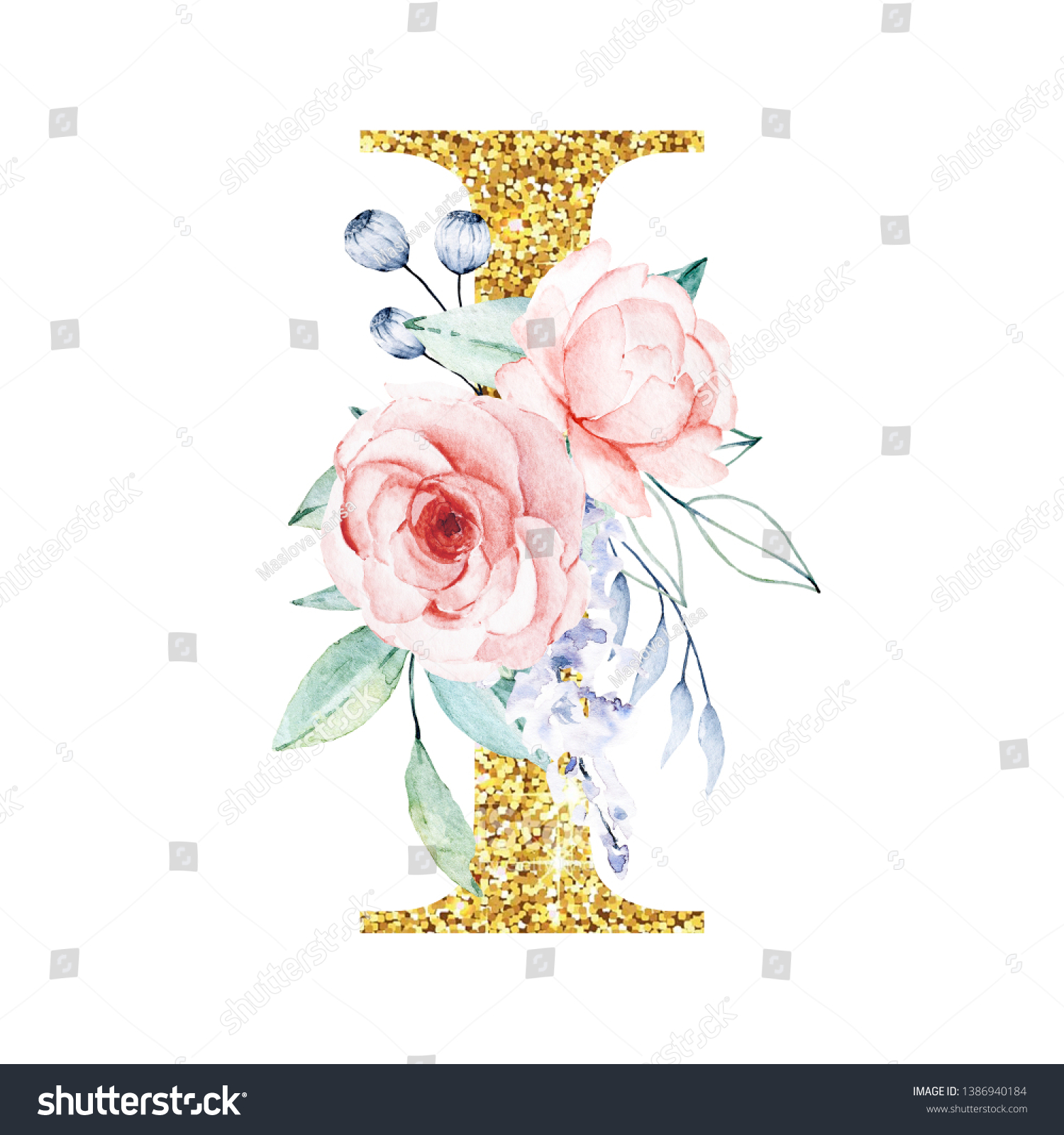 Floral Alphabet Letter Watercolor Flowers Leaf 库存插图 1386940184 ...