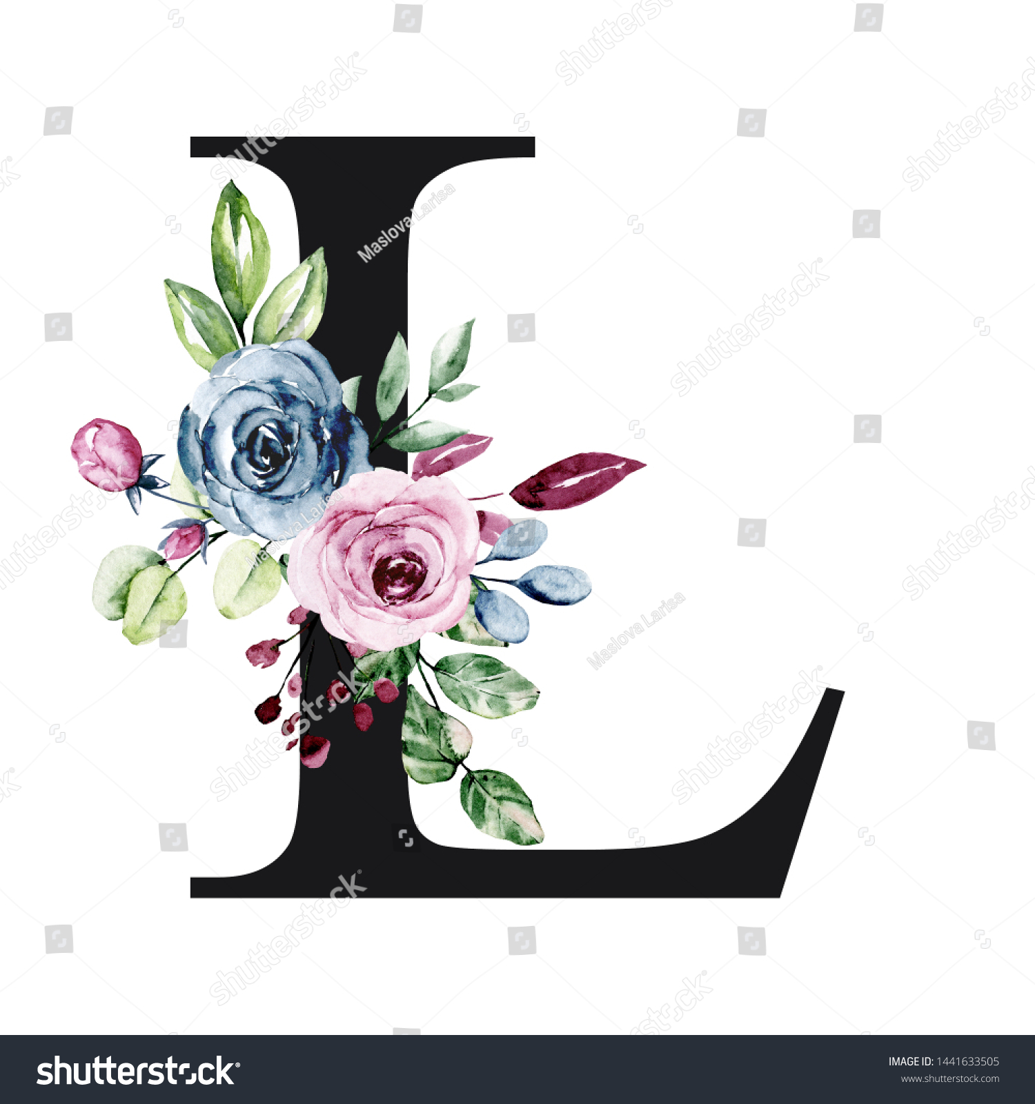 Floral Alphabet Letter L Watercolor Flowers Stock Illustration ...