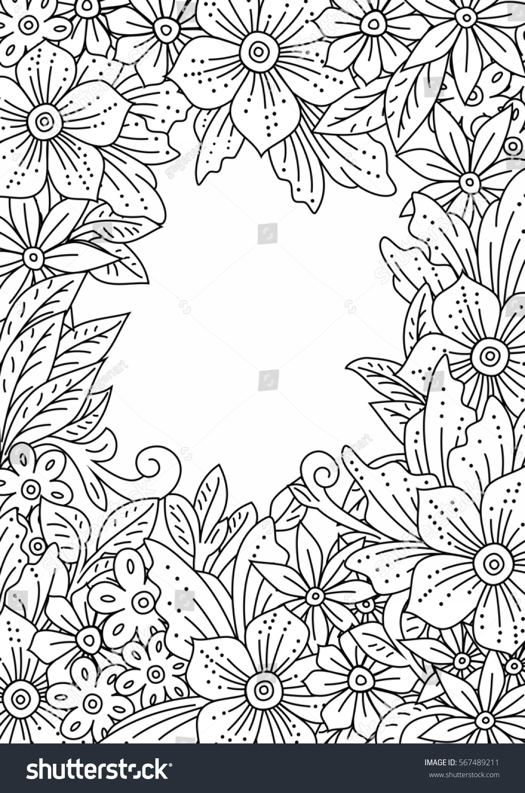 Floral Frame Handdrawn Flowers Leaves Doodle Stock Illustration