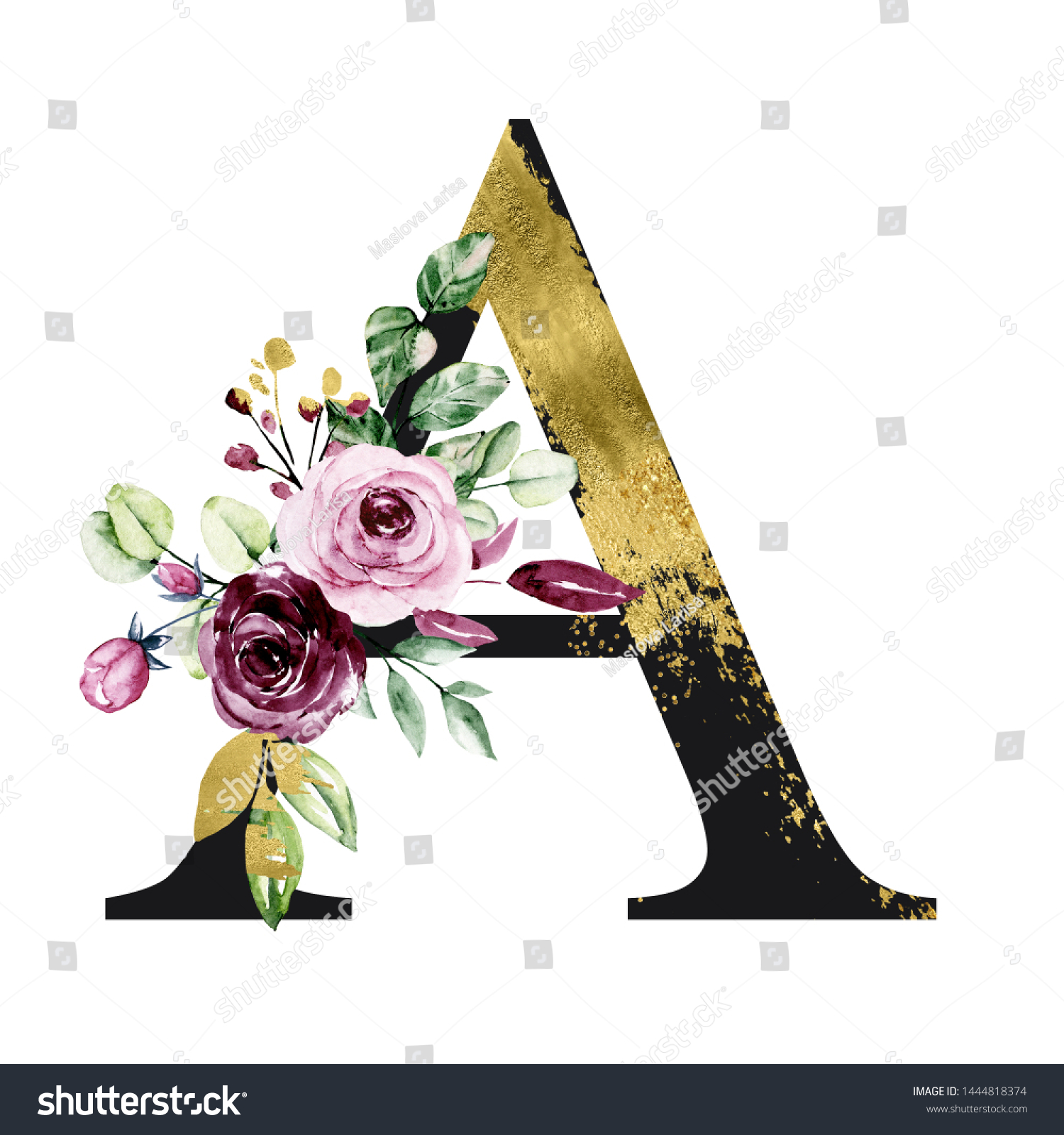 Floral Gold Alphabet Letter Watercolor Flowers: стоковая иллюстрация ...