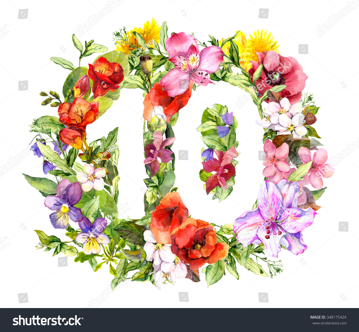 Floral Number 10 Ten Bright Flowers Stock Illustration