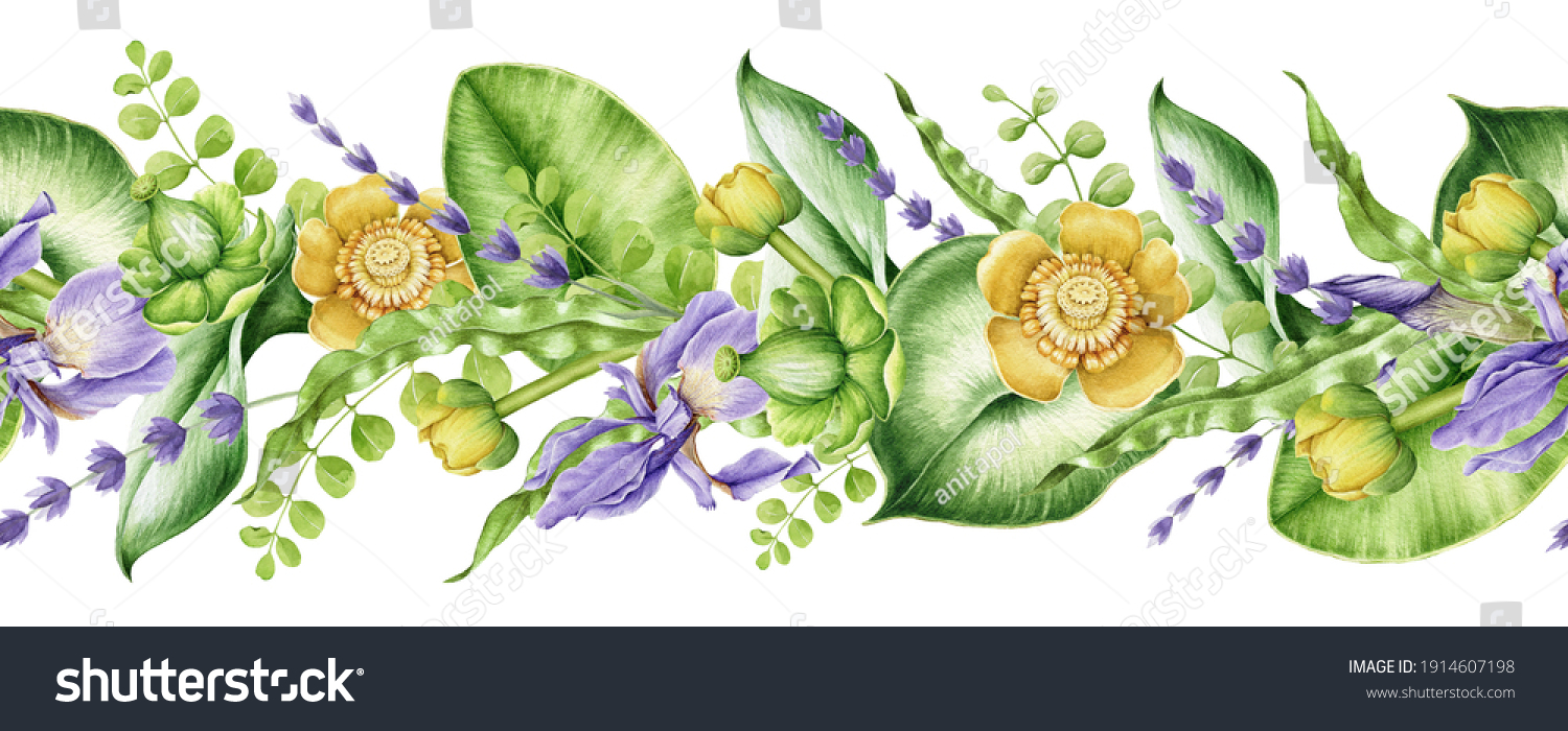 Floral Seamless Border Watercolor Illustration Natural Stock Illustration