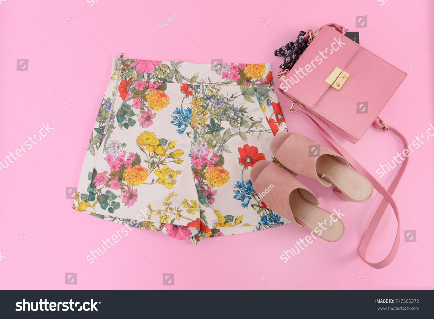 pink floral shoes and bag