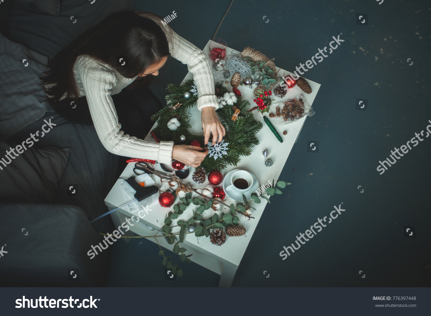 Florist Woman Making Christmas Decorations Home Stock Photo Edit