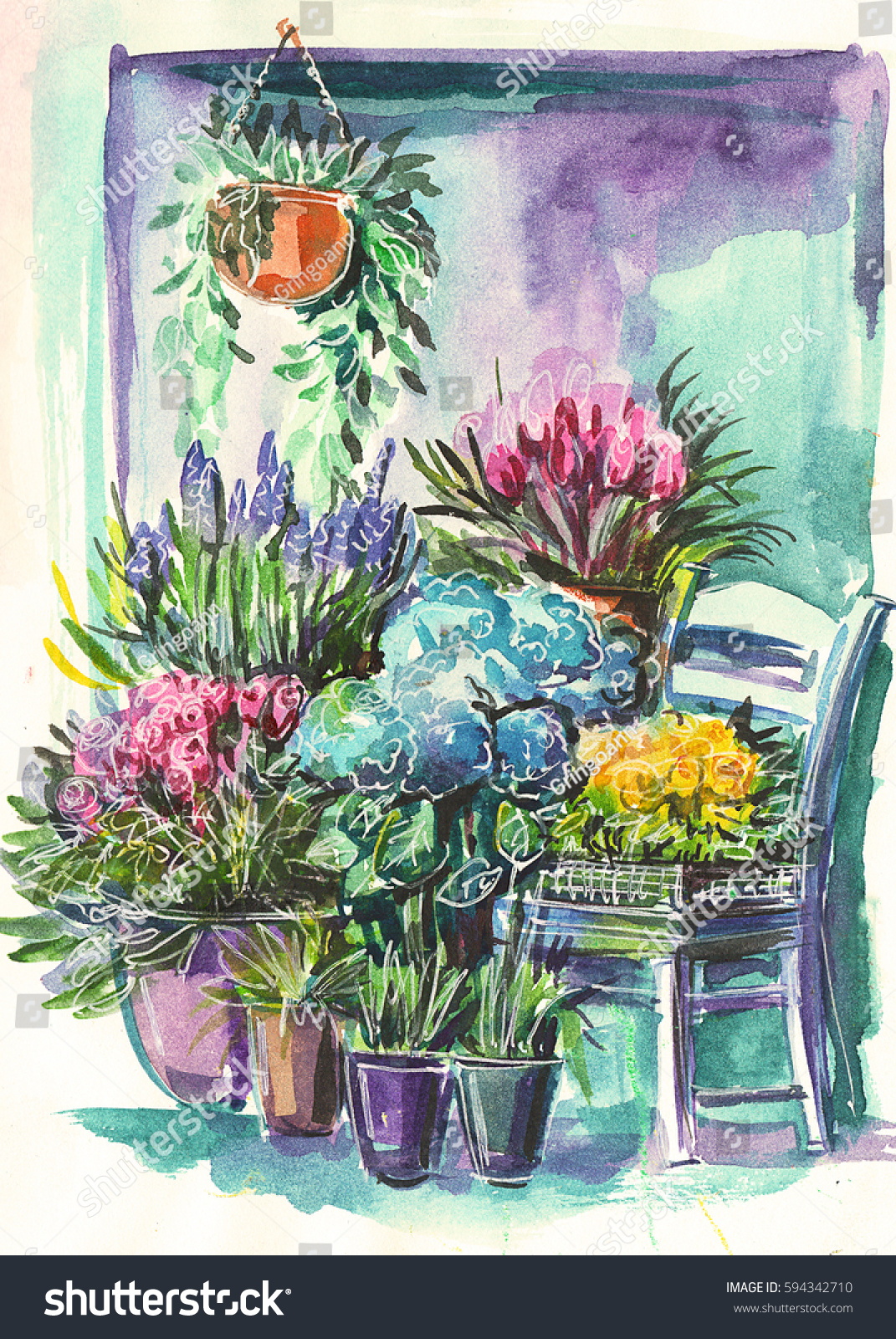 Flower Shop Watercolor Drawing Stock Illustration