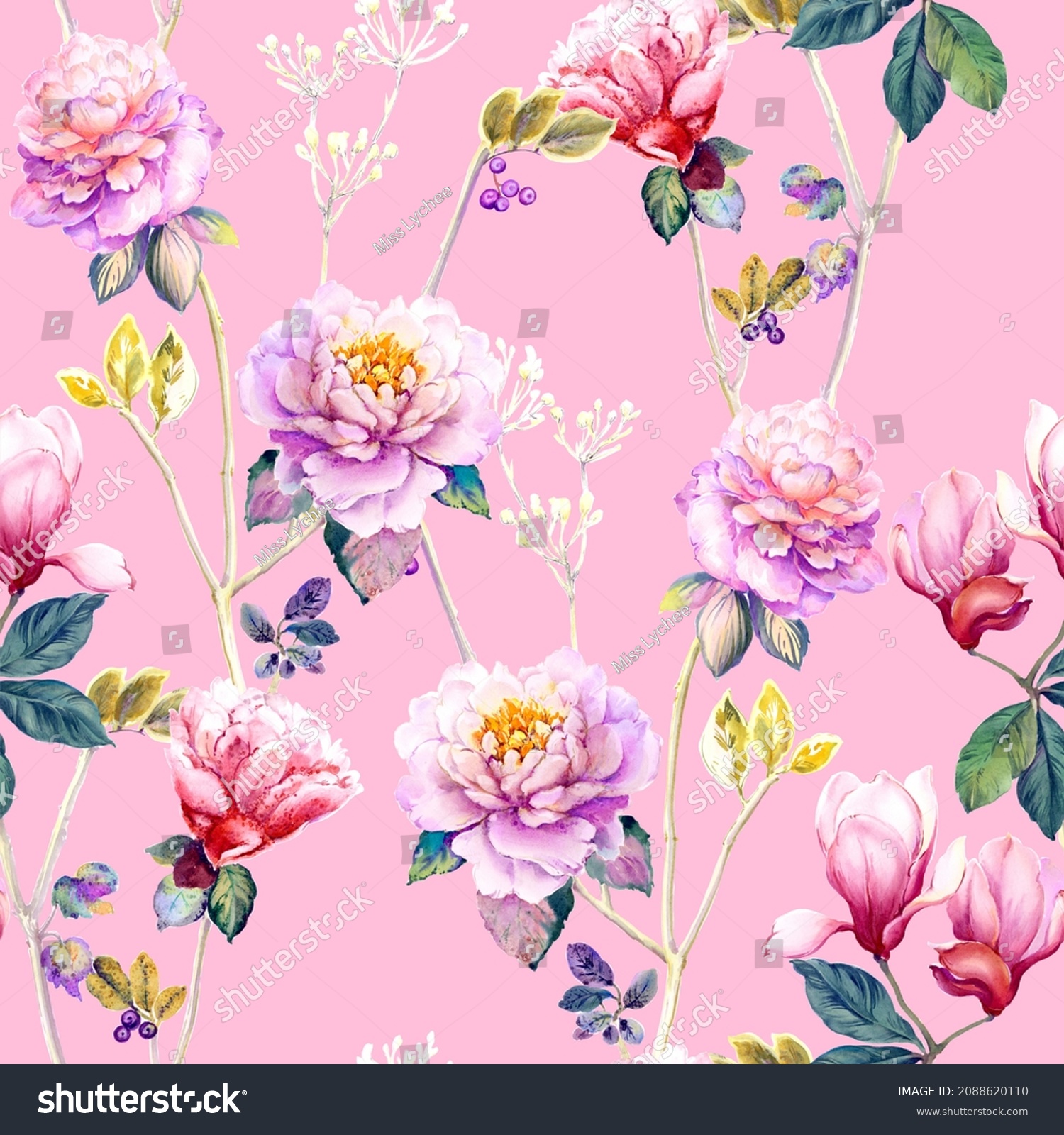 Flowers Watercolor Illustrationmanual Compositionseamless Patterndesign ...