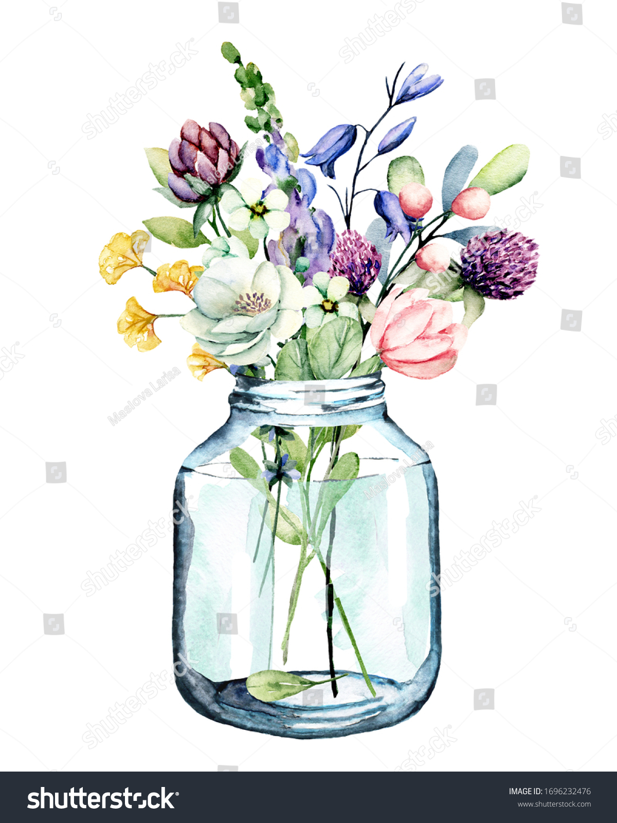 Download Flowers Watercolor Painting Glass Jar Wildflowers Stock Illustration 1696232476