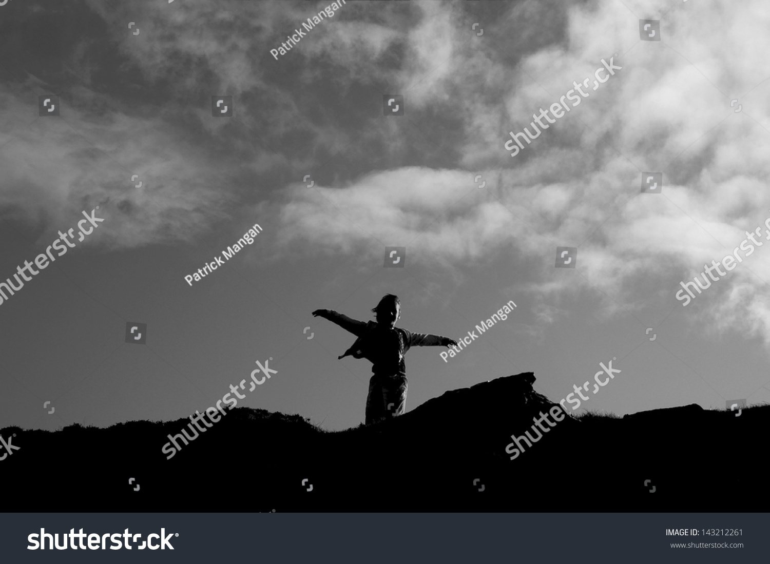 1 Mountain silhoette girl rocks arms flying freedom Images, Stock ...