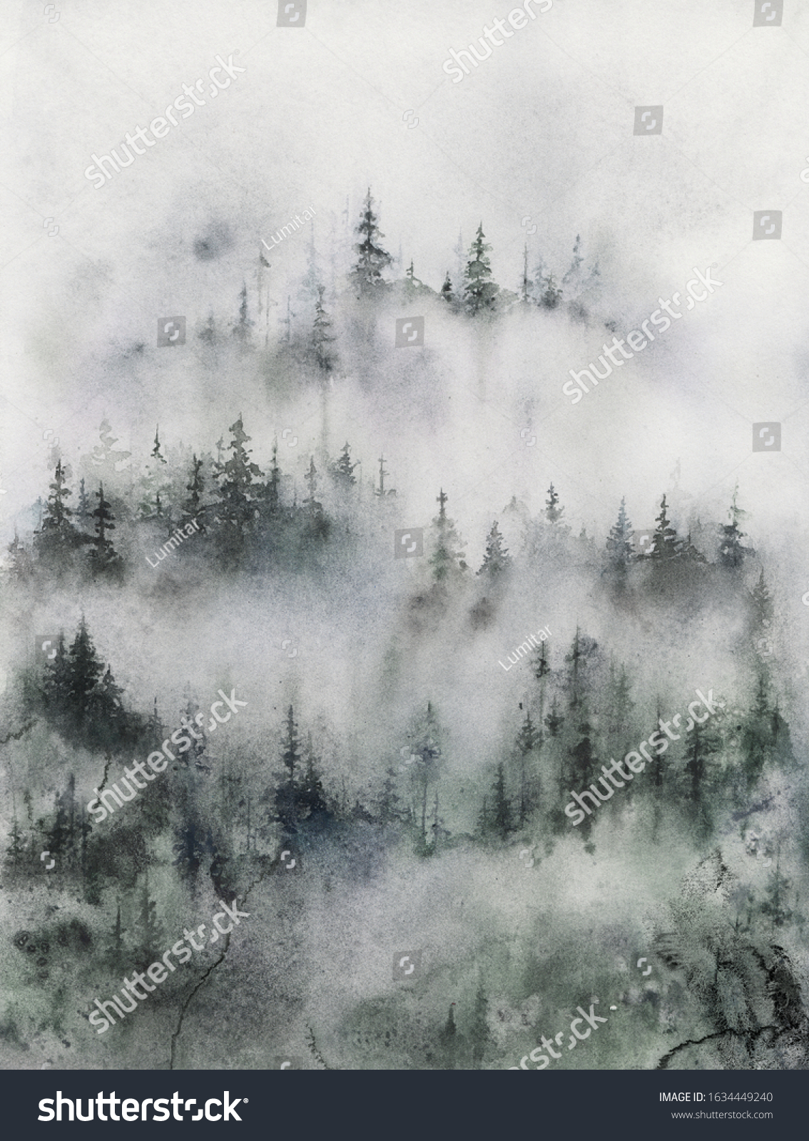 Foggy Forest Watercolor Illustration Painting Misty Stock Illustration