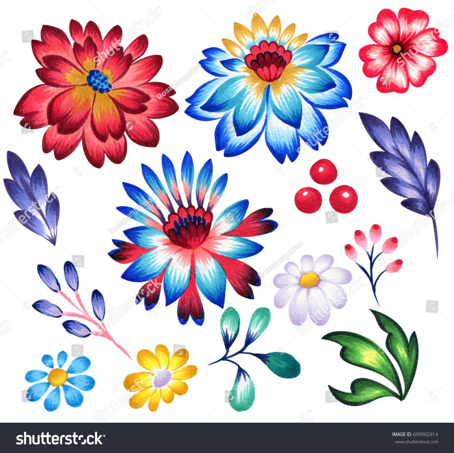 Folk Flowers Graphic Design Set Beautiful Stock Illustration 699902914