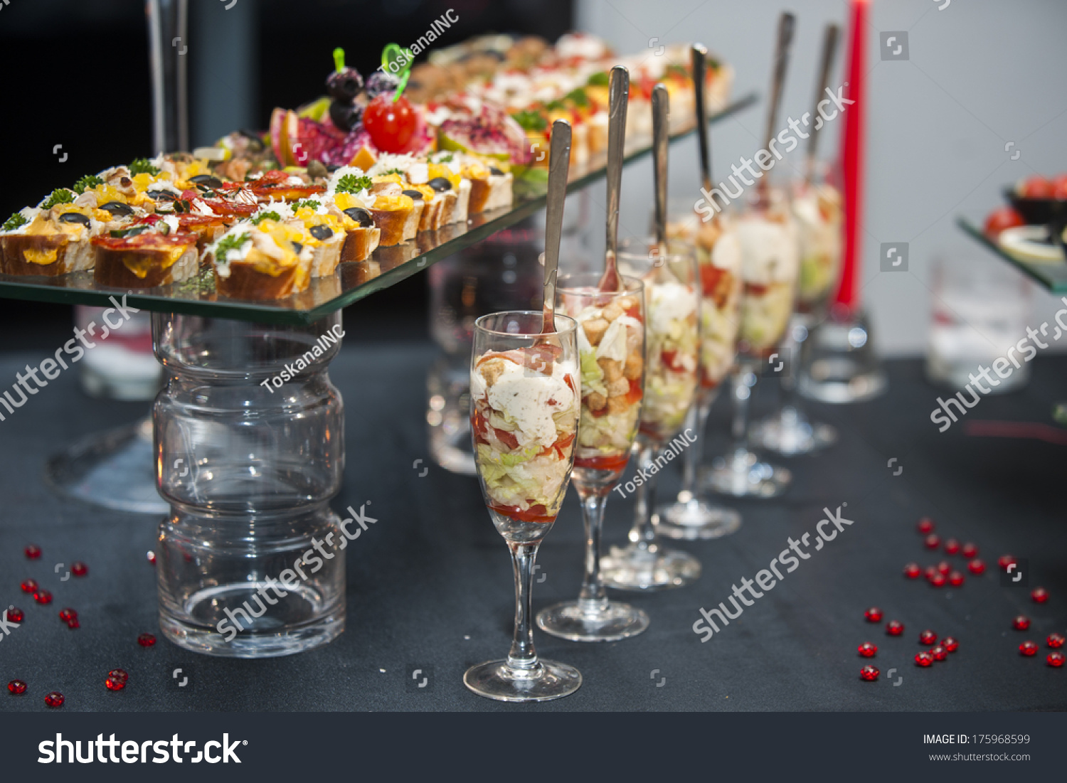 Food Catering - Set Service With Caesar Salad In Glass Cups And Finger ...