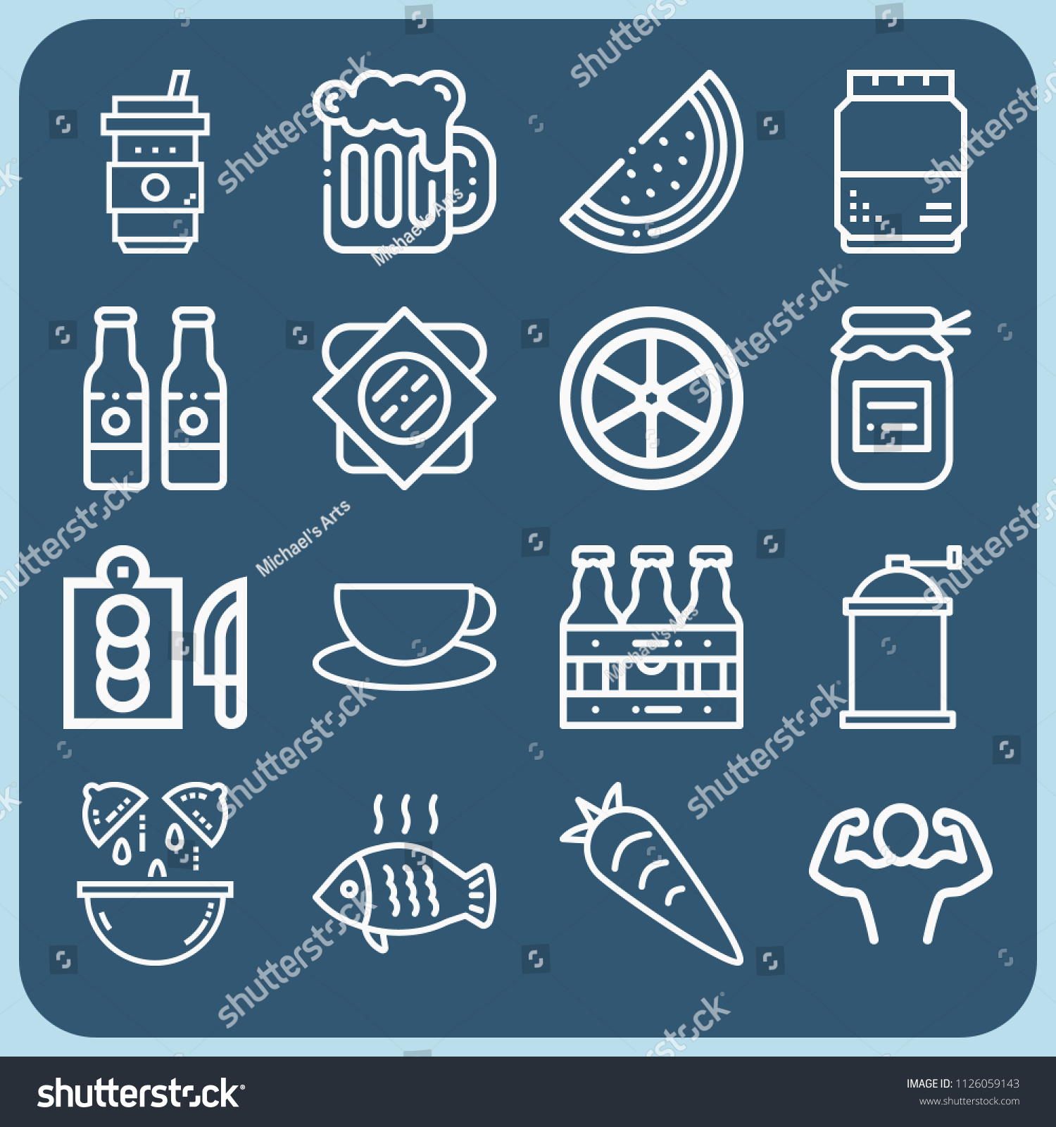 Food Related Set 16 Icons Such Stock Illustration Food set of 16 icons such as fish carrot jam cutting board