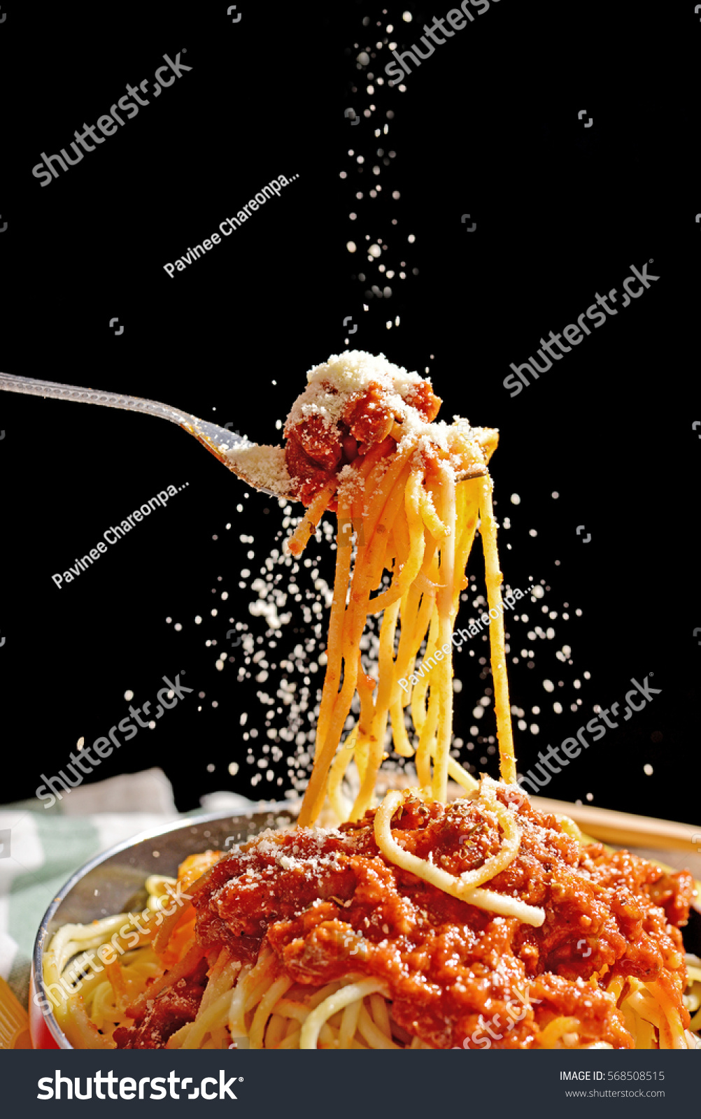 Fork Spaghetti Parmesan Cheese Movement Action Stock Photo 568508515 ...