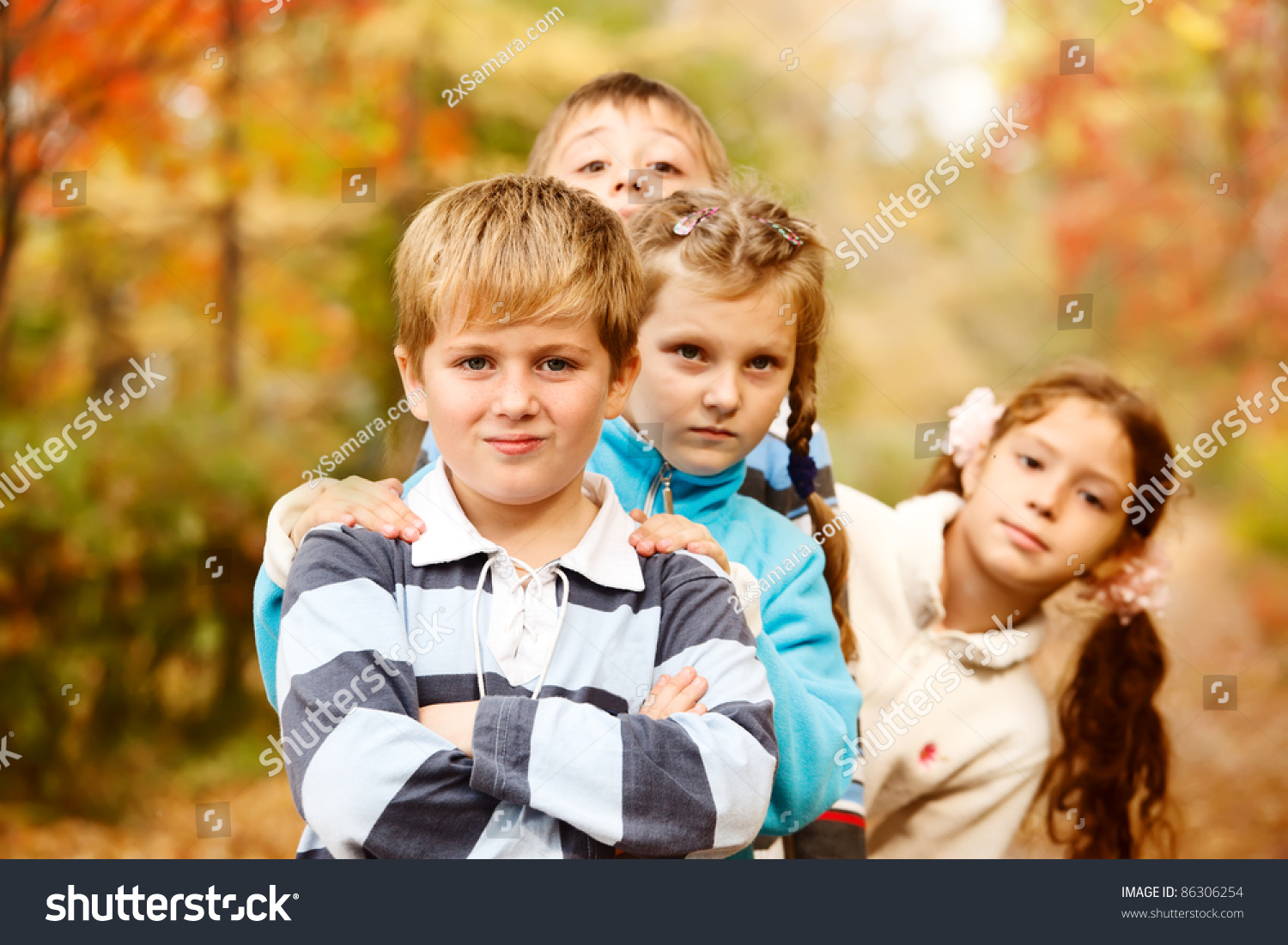 Four Lovely School Aged Boys And Girls In Autumn Stock Photo 86306254 ...