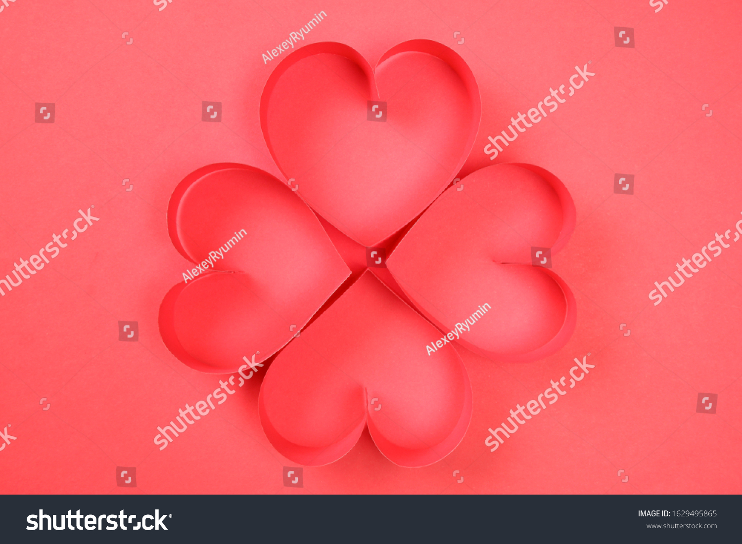 Four of red paper hearts on red background top view. Cute love, valentines day, womens day banner, offer, card, invitation, flyer, poster template.