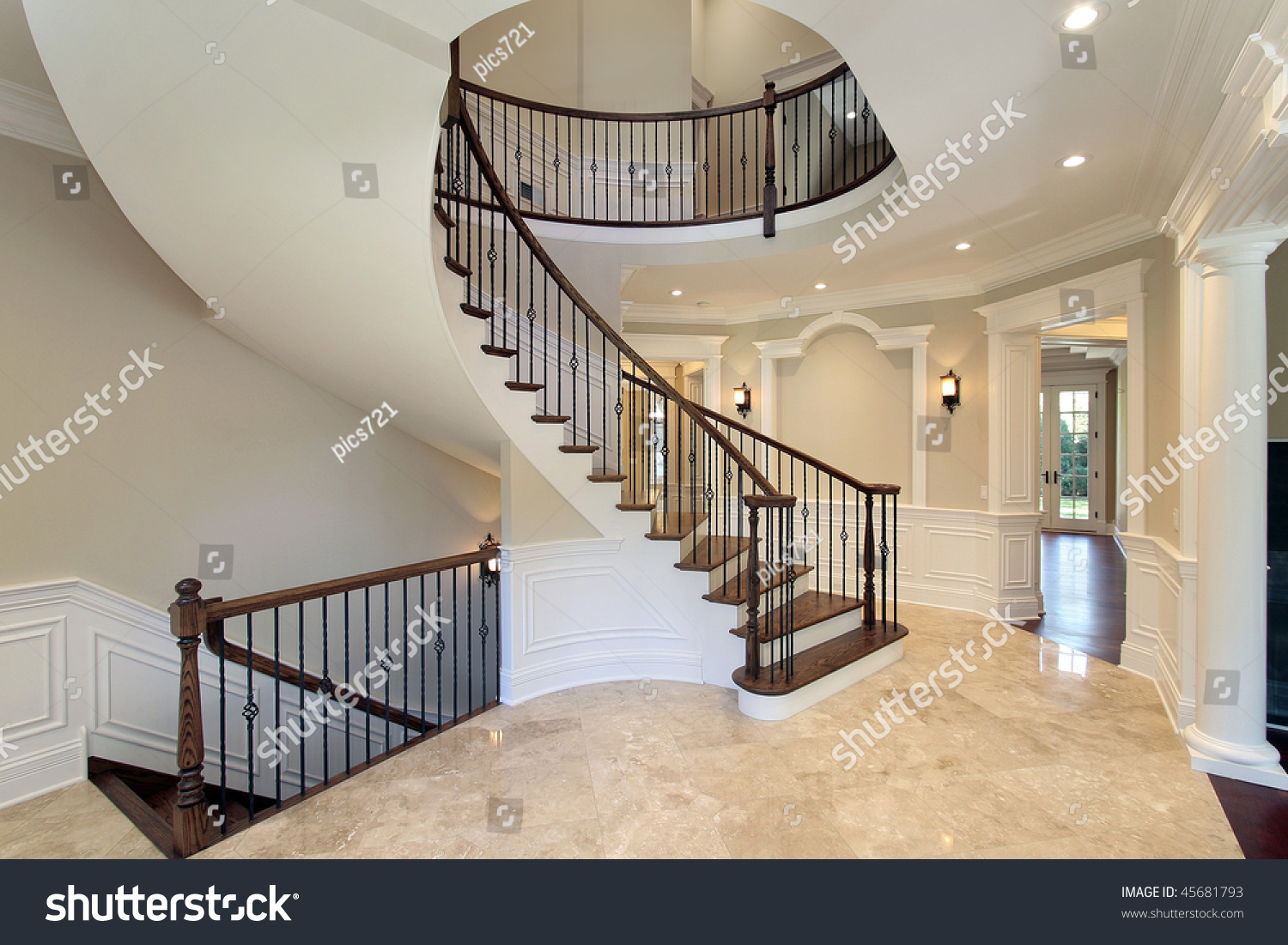 Foyer New Construction Home Curved Staircase Stock Photo 45681793   Stock Photo Foyer In New Construction Home With Curved Staircase 45681793 