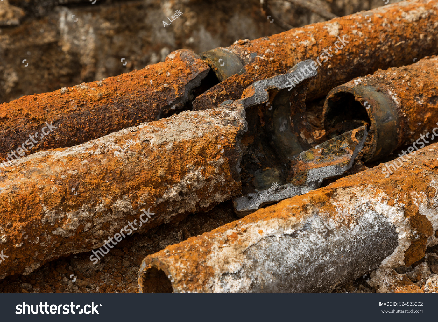 Fragments Old Castiron Water Pipes After Stock Photo 624523202 