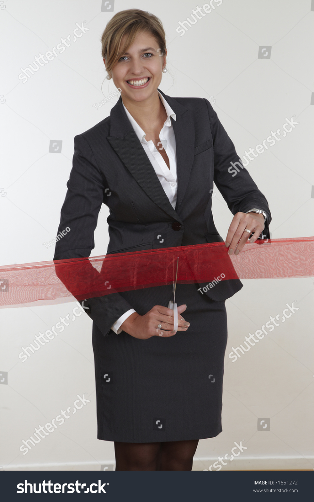 Frau Schneidet Rotes Band Durch Stock Photo Edit Now