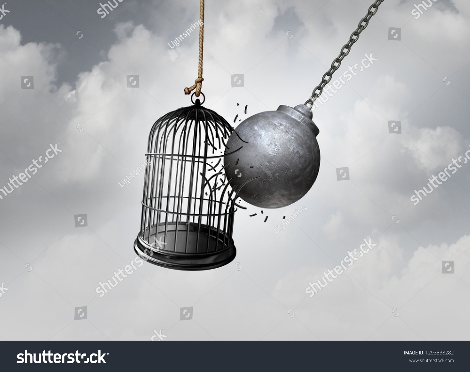 フリーダム ケージとブレイク フリー コンセプトは 3dイラストとしての中毒や拘禁の希望を逃れる抽象的なアイデアとして 鳥かご を解放することで刑務所を開放するボールとしてのコンセプト のイラスト素材 1293