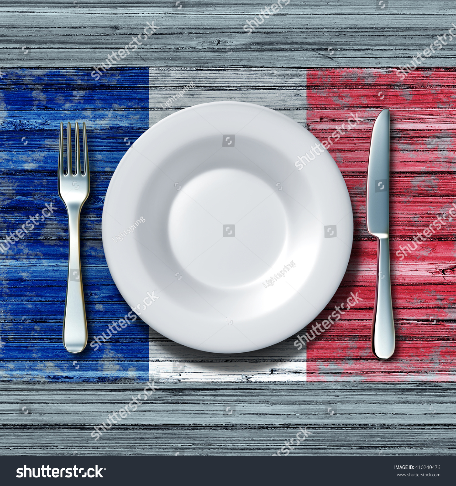 古い田舎の木のテーブルにナイフとフォークを置き 3dイラスト を使ったパリの伝統的な食べ物のアイコンとしてフランスの国旗を付けたフランス料理の食べ物のコンセプト のイラスト素材
