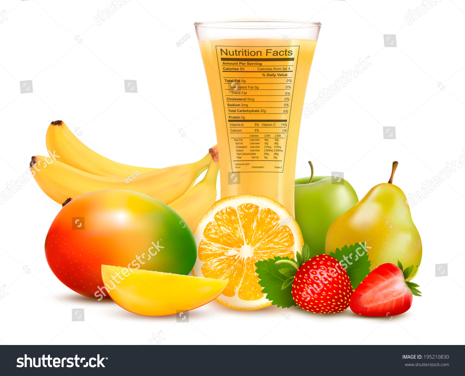 Fresh Fruit And A Glass Of Juice With A Nutrition Facts Label. Raster ...