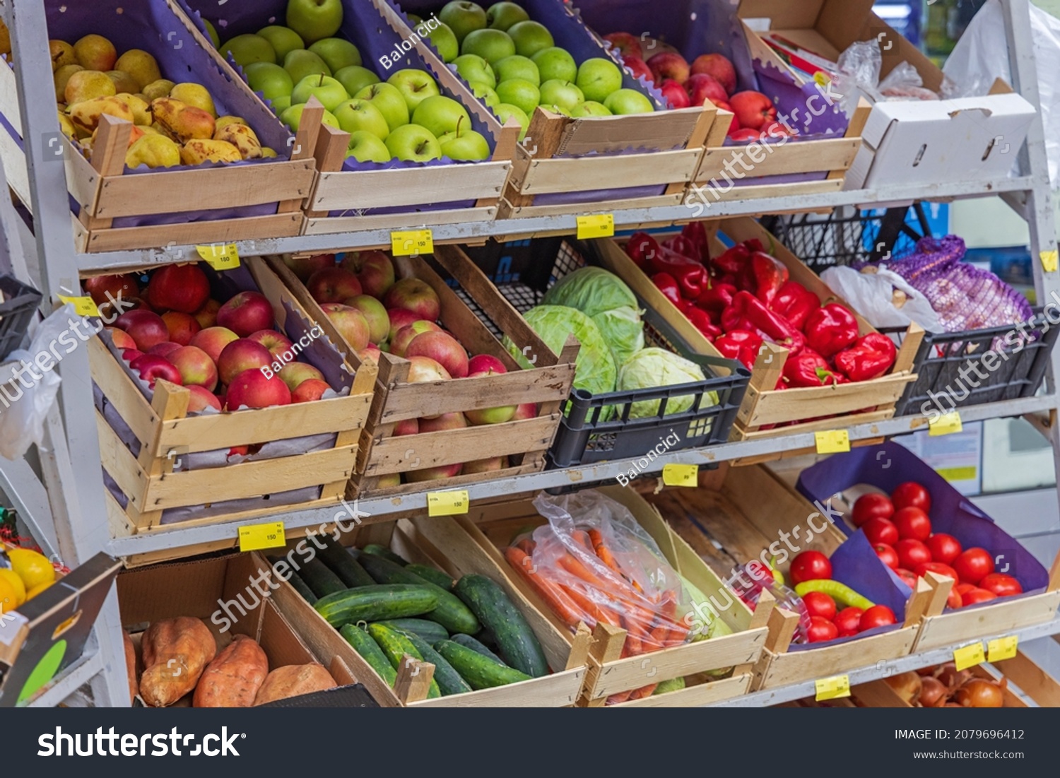 20 469 Vegetable Rack Stock Photos Images Photography Shutterstock   Stock Photo Fresh Fruits And Vegetables In Crates At Rack Shelf 2079696412 