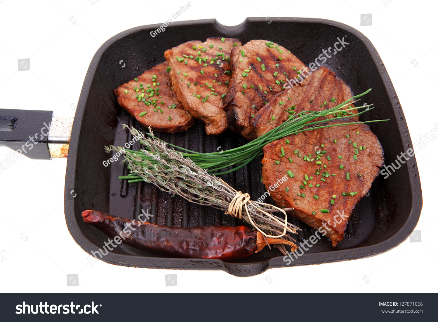 Fresh Ripe Roasted Beef Meat On Barbecue Pan With Thyme And Pepper ...