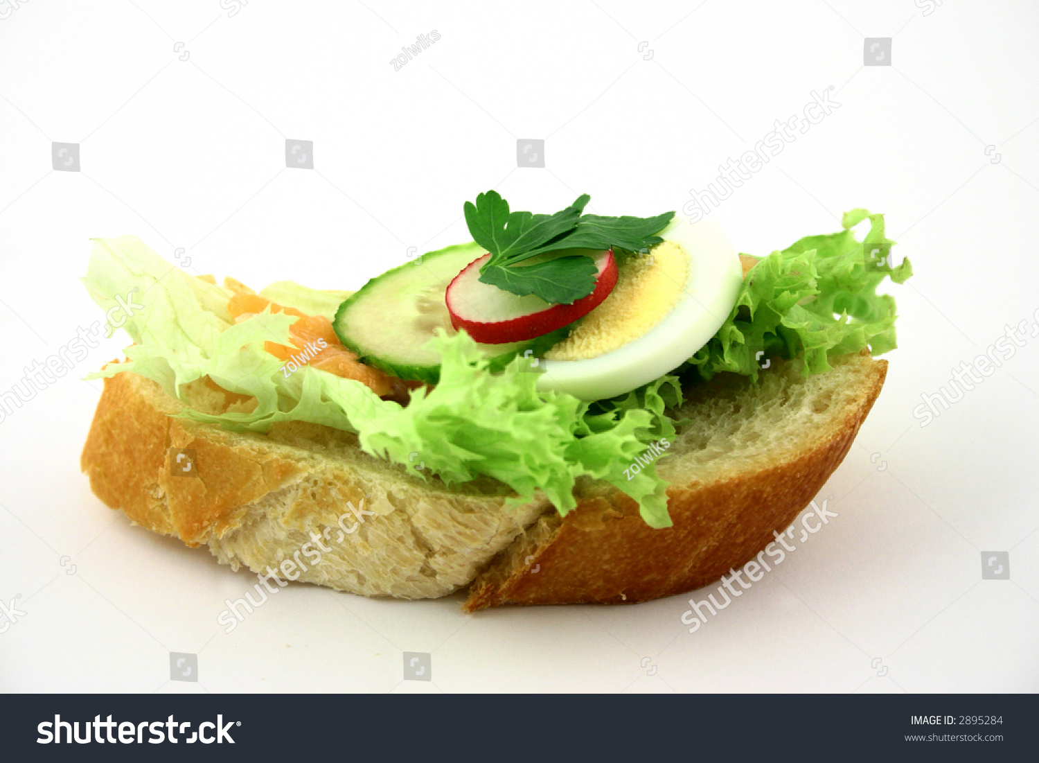 Fresh Sandwich With Salmon, Iceberg Lettuce, Radish, Cucumber, Piece Of ...