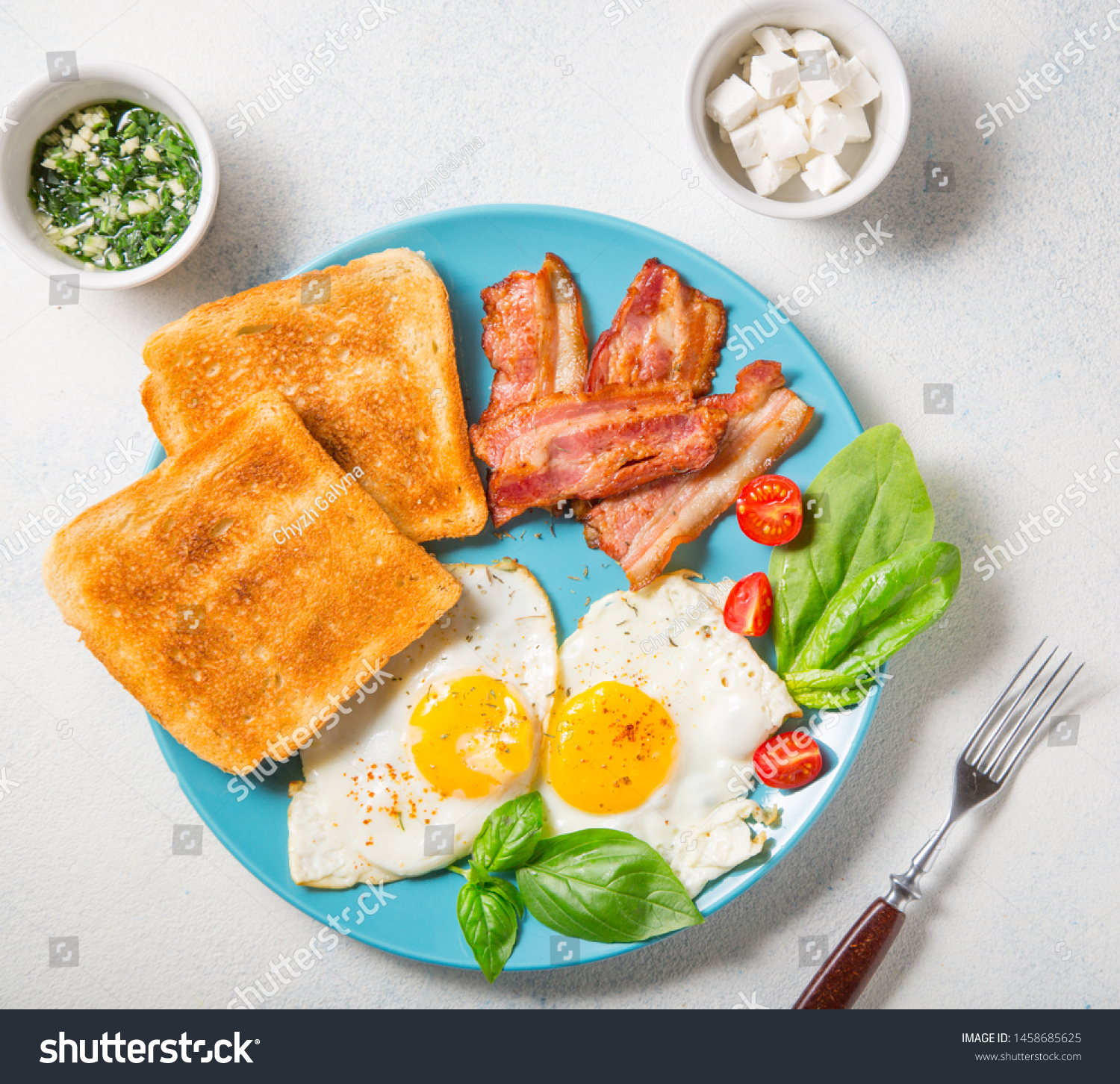 Fried Eggs Two Eggs Bacon Toast Stock Photo Edit Now 1458685625