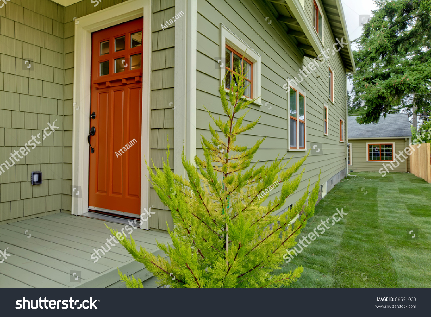 Front Orange Door Green House Stock Photo 88591003 - Shutterstock
