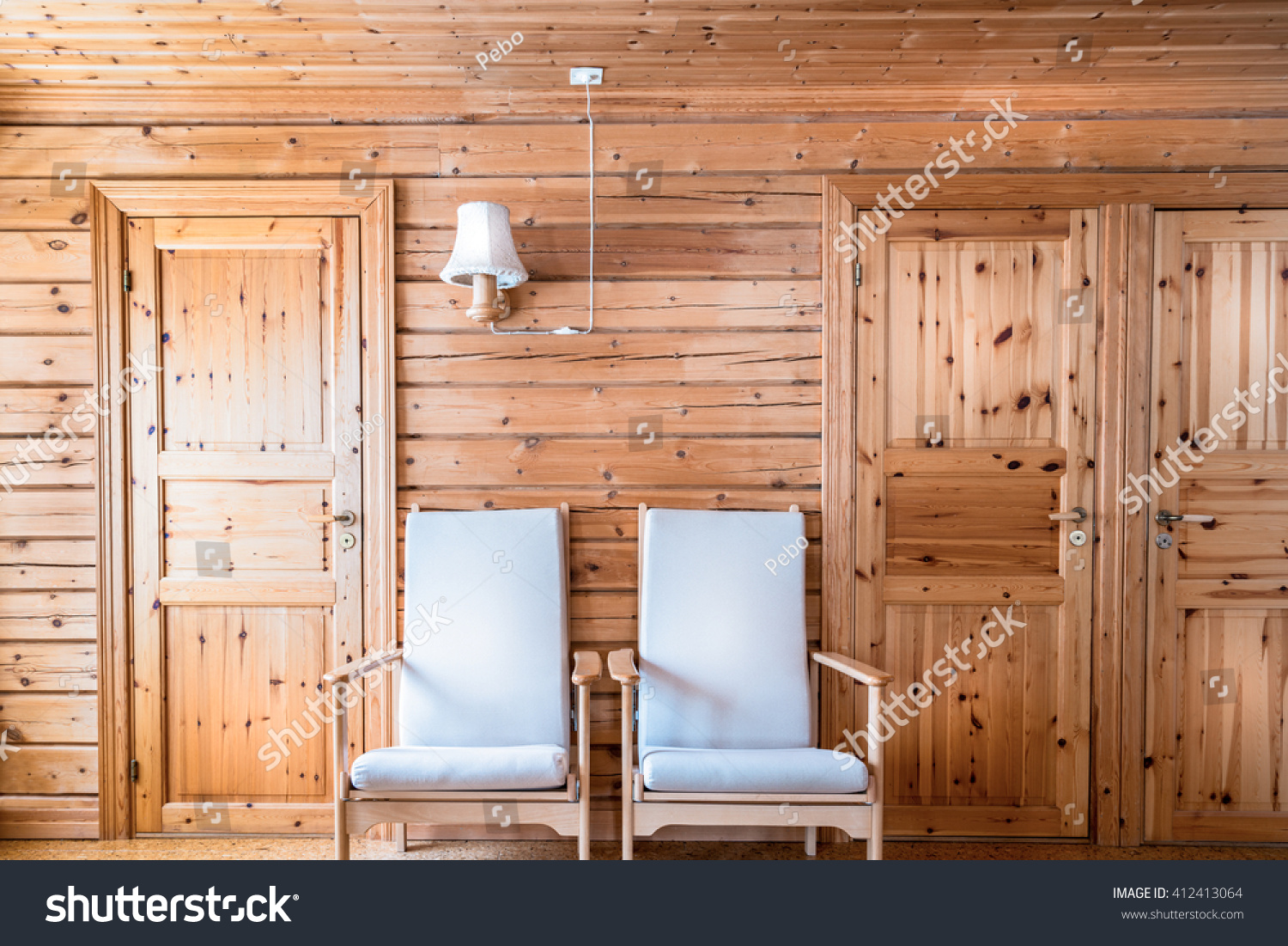 Front View Pinewood Interior Swedish Mountain Stock Photo