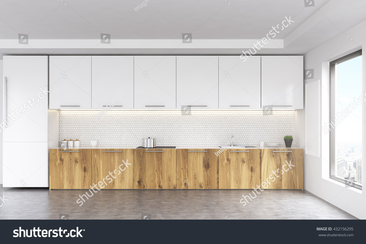 front view white wooden kitchen interior stock front view white wooden kitchen interior stock