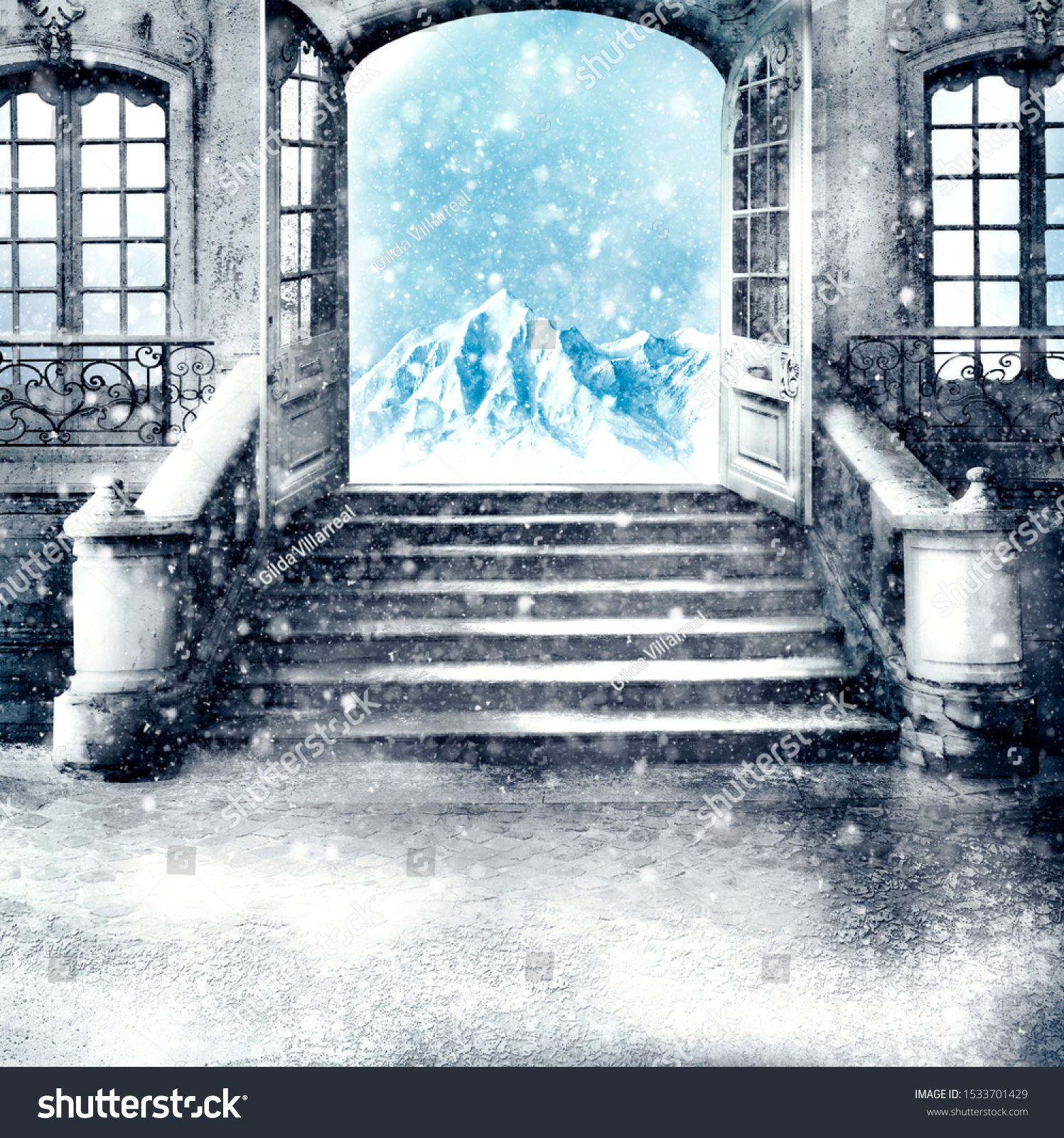 Frozen Background Ice Snow Inside Castle Stock Illustration