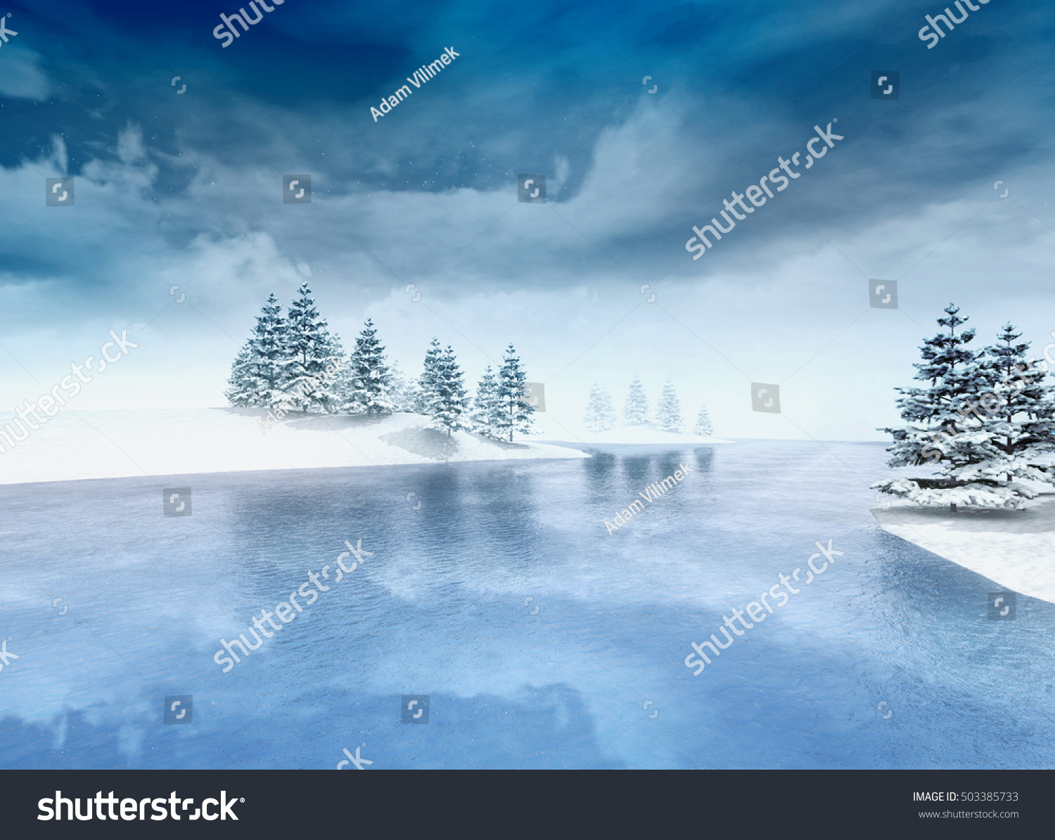 木と曇り空の凍った湖 冬の湖の風景3dイラスト のイラスト素材