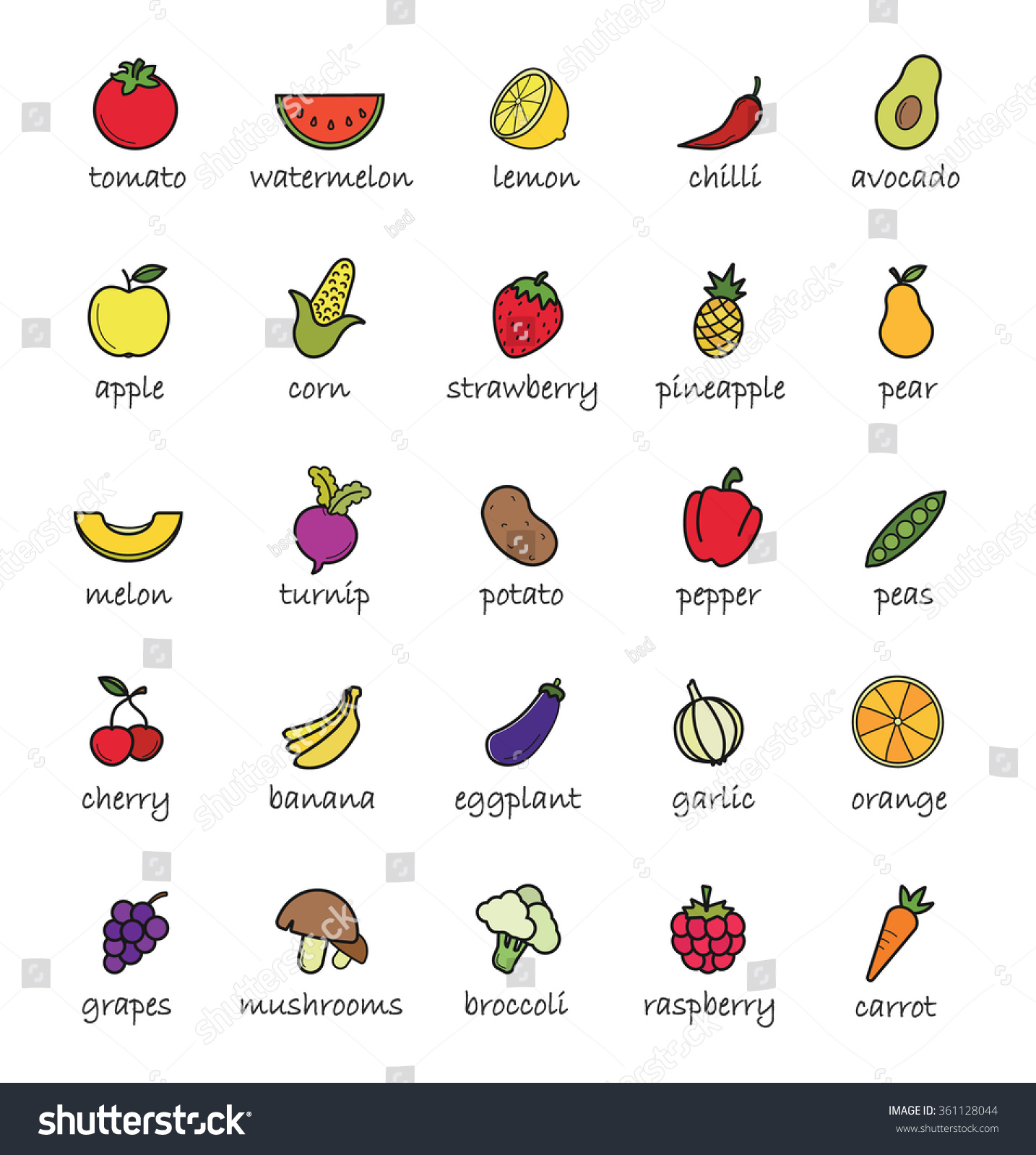 Fruits Vegetables Color Icons Healthy Vegetarians Stock ...
