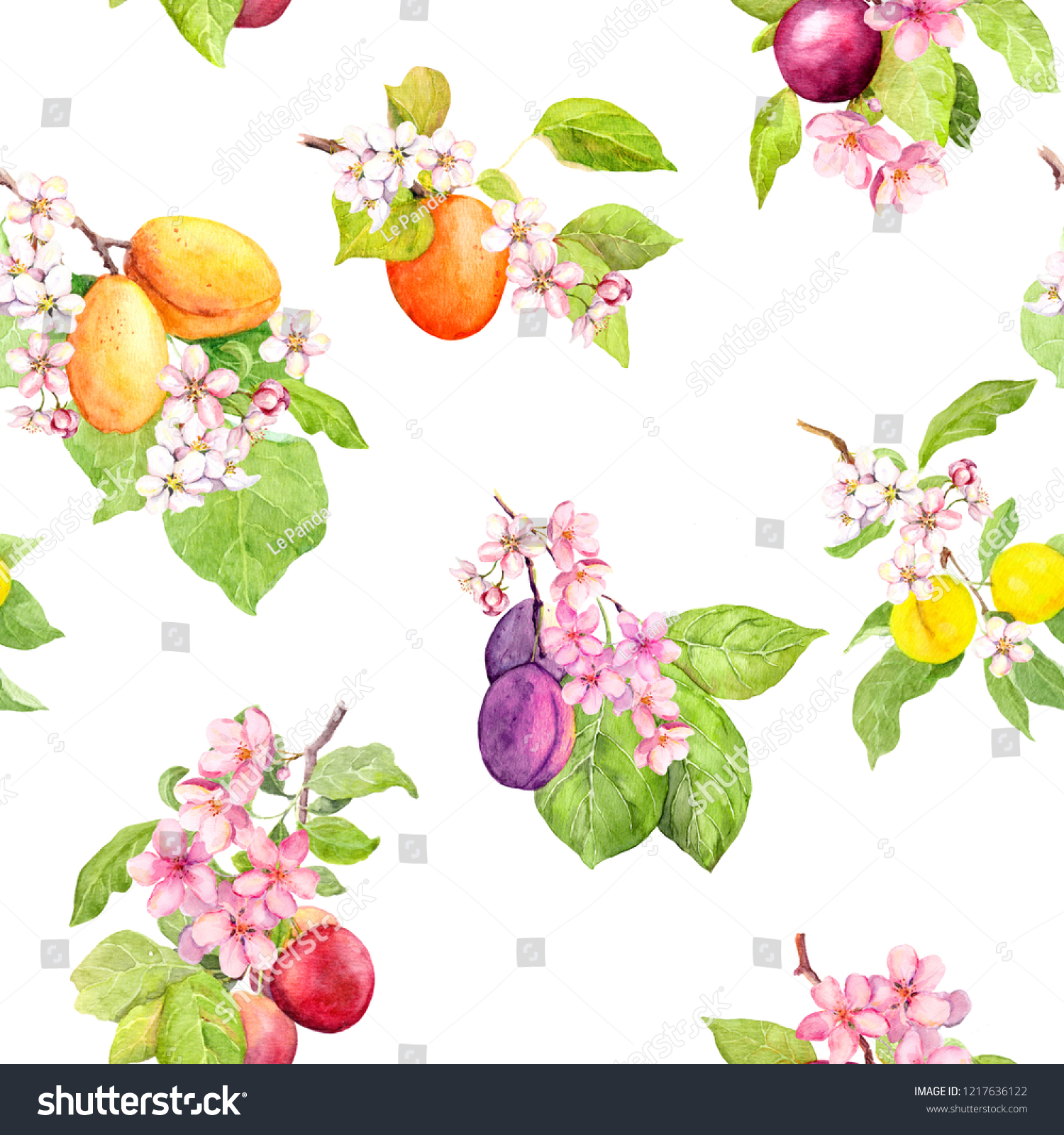 Fruits Summer Garden Plum Cherry Apple Stock Illustration 1217636122