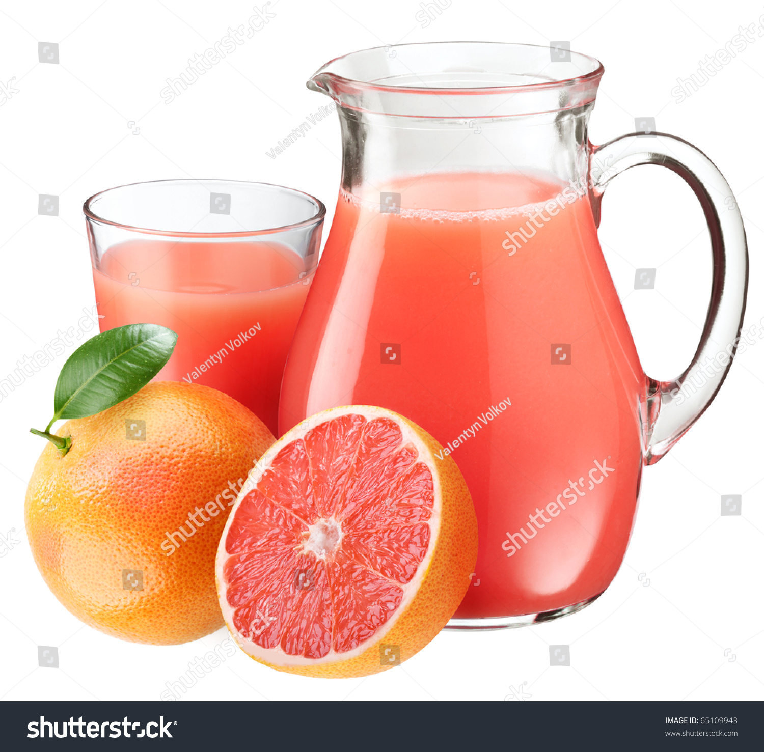 Full Glass And Jar Of Grapefruit Juice And Fruits In Front. Stock Photo ...