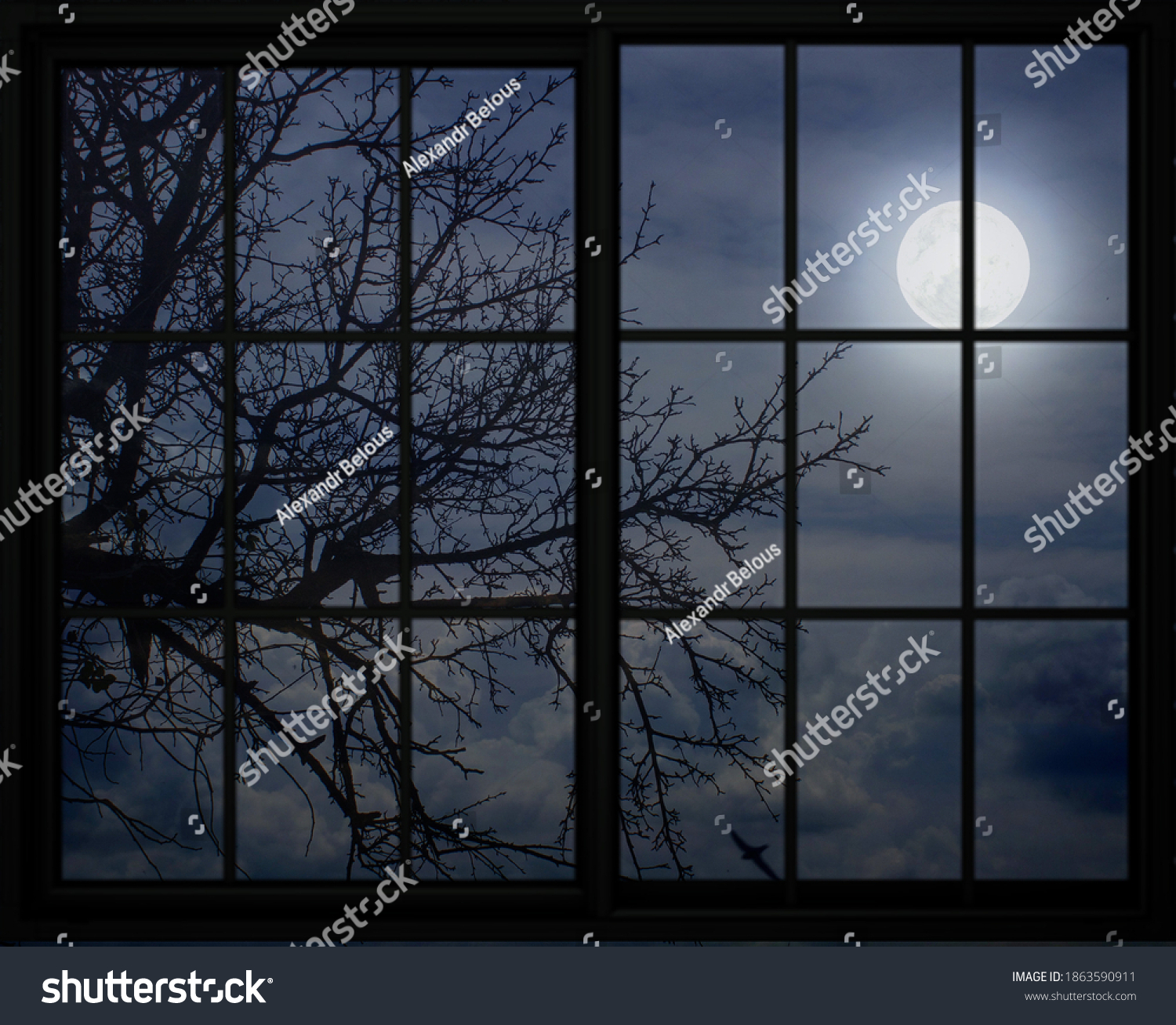 Full Moon View Through Window Frame Stock Photo Edit Now 1863590911