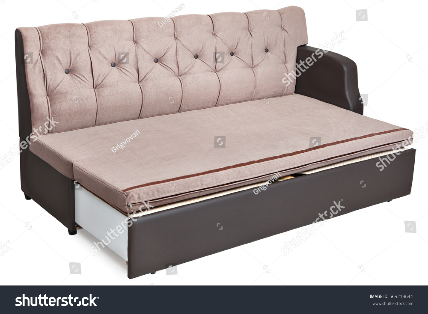 Full size folding sofa bed light brown fabric with storage space isolated on