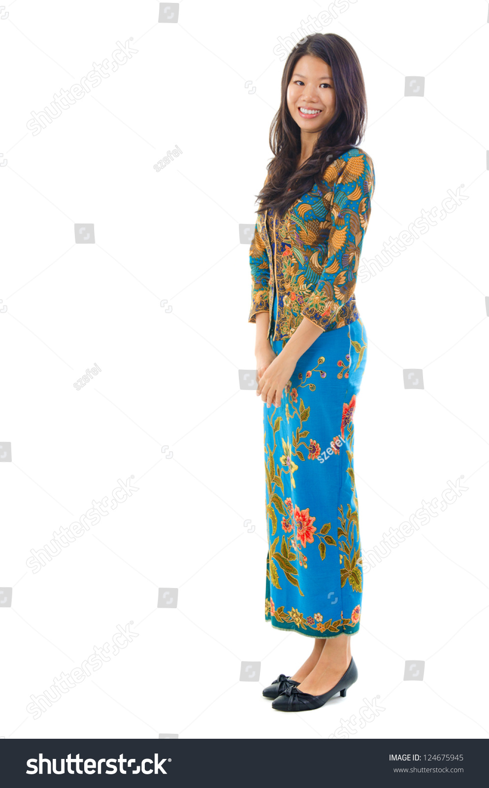 Fullbody Southeast Asian Woman Traditional Batik Stock 