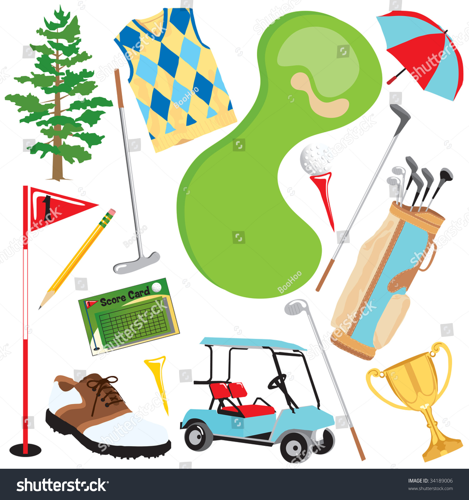 golfing elements cartoon style, green course, accessories clip art preview