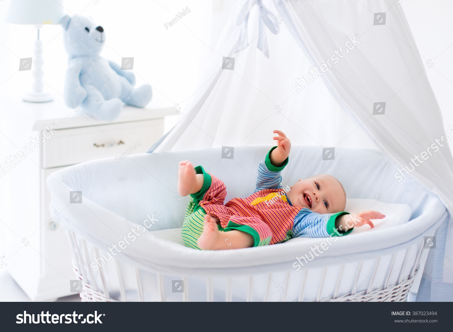 Funny Baby White Crib Canopy Nursery Stock Photo Edit Now 387023494