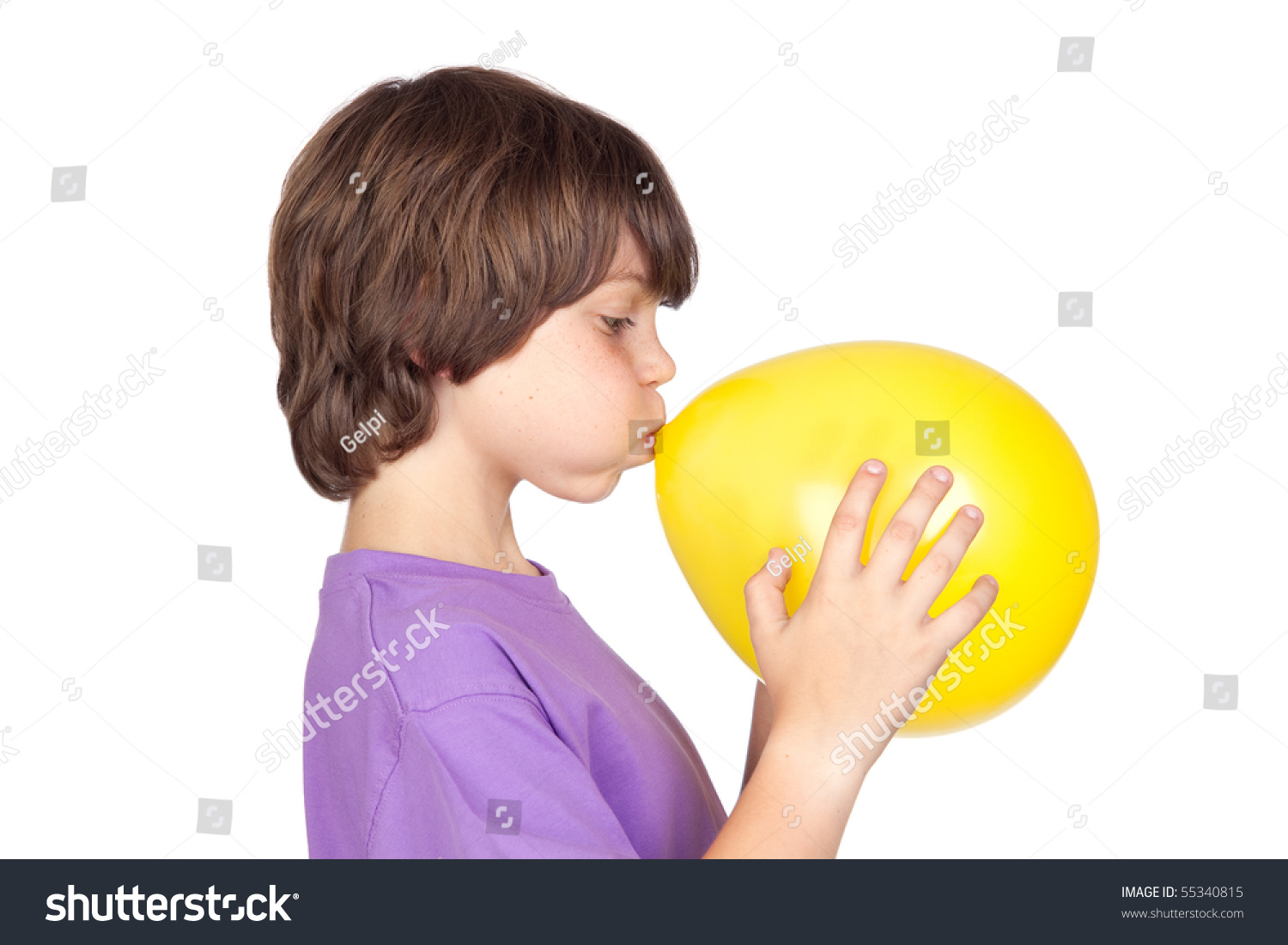 Funny Boy Blowing Up A Yellow Balloon Isolated On White Background ...