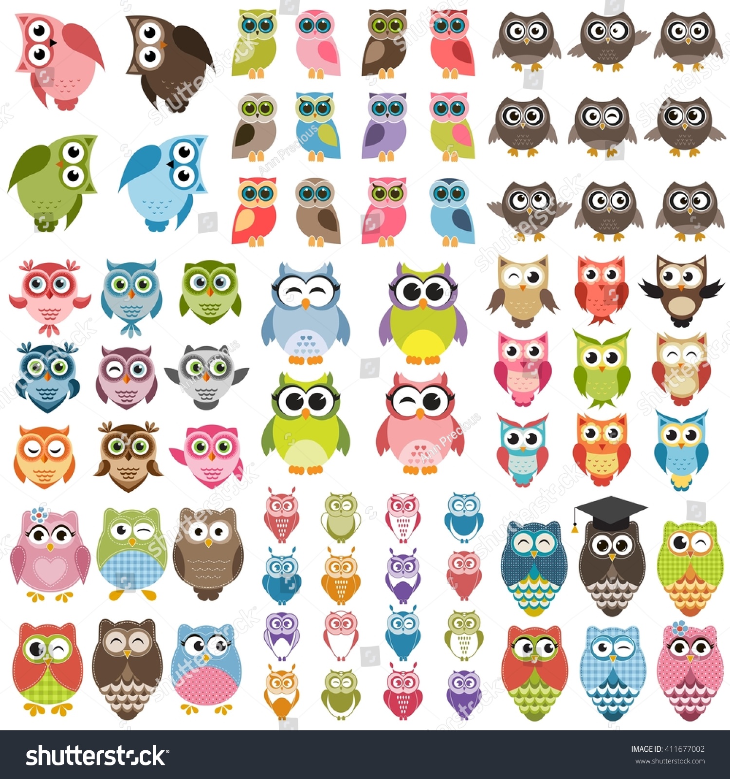 Funny Colorful Owls Set. Raster Version Stock Photo 411677002 ...