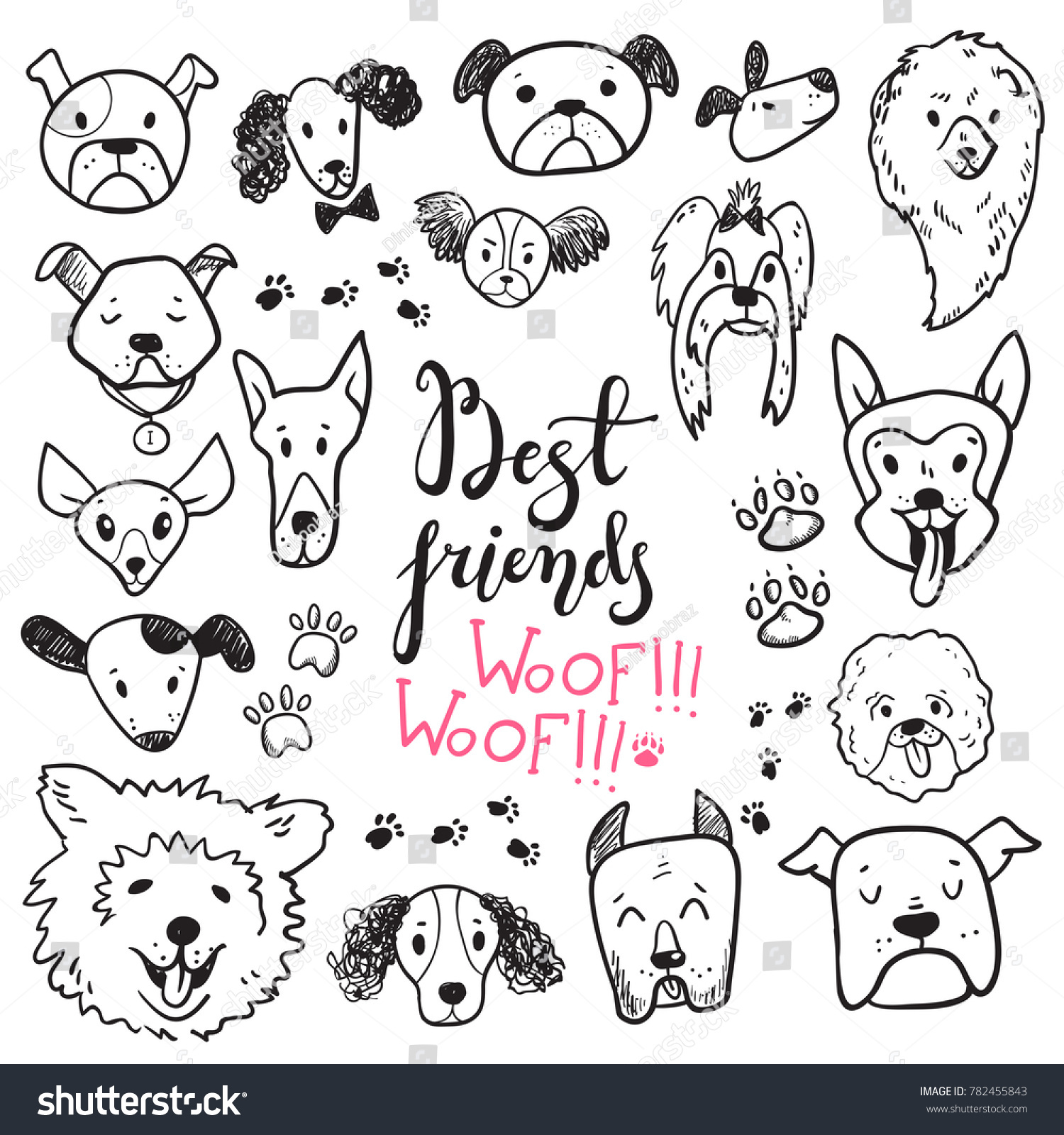 Funny Doodle Dog Icons Collection Hand Stock Illustration 782455843