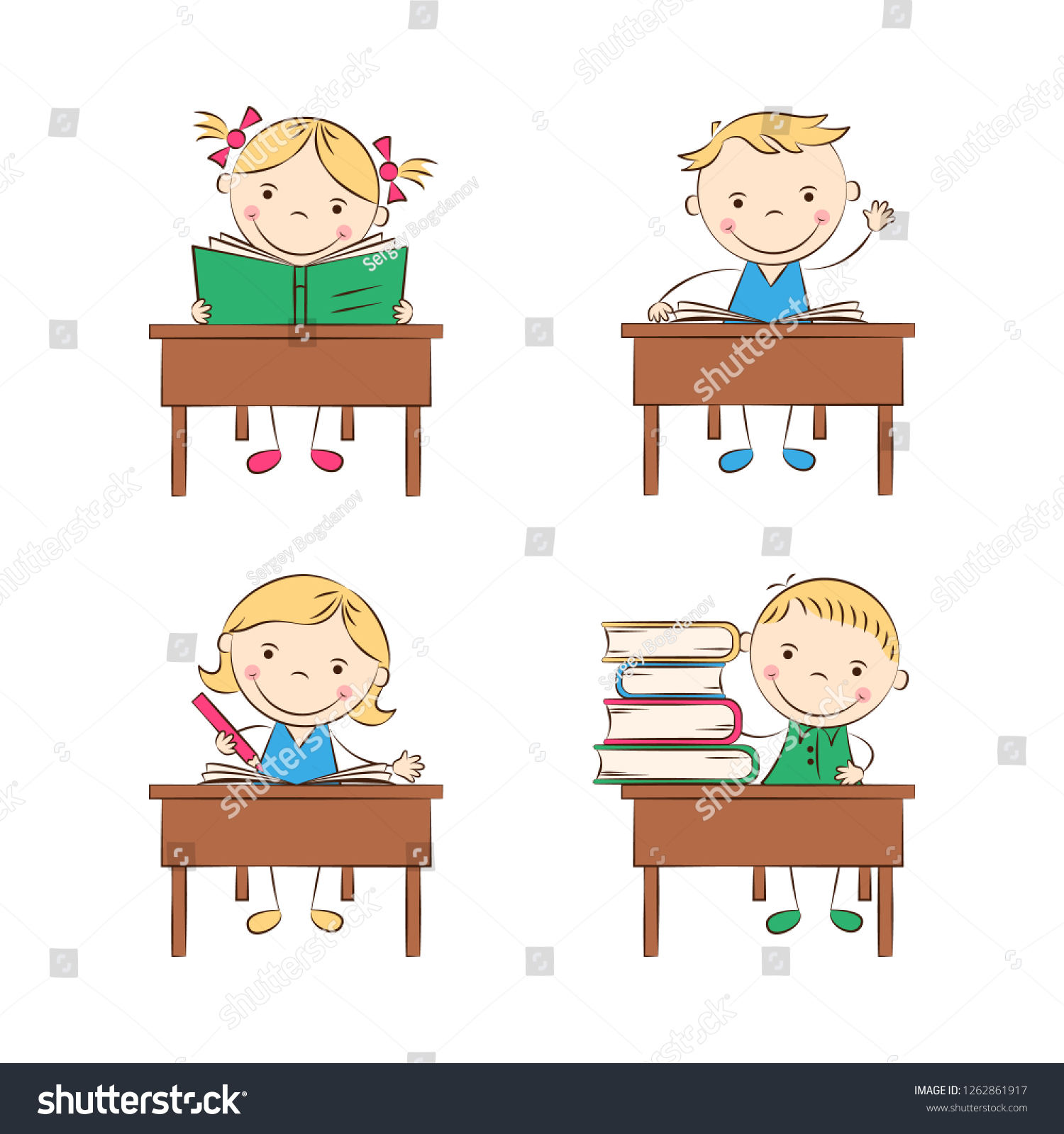 Funny Doodle Kids Sit School Desks Stock Illustration 1262861917