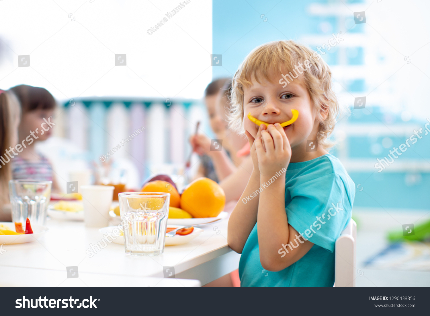 Funny Kid Boy Eating Fruits Kindergarten Stock Photo 1290438856 ...